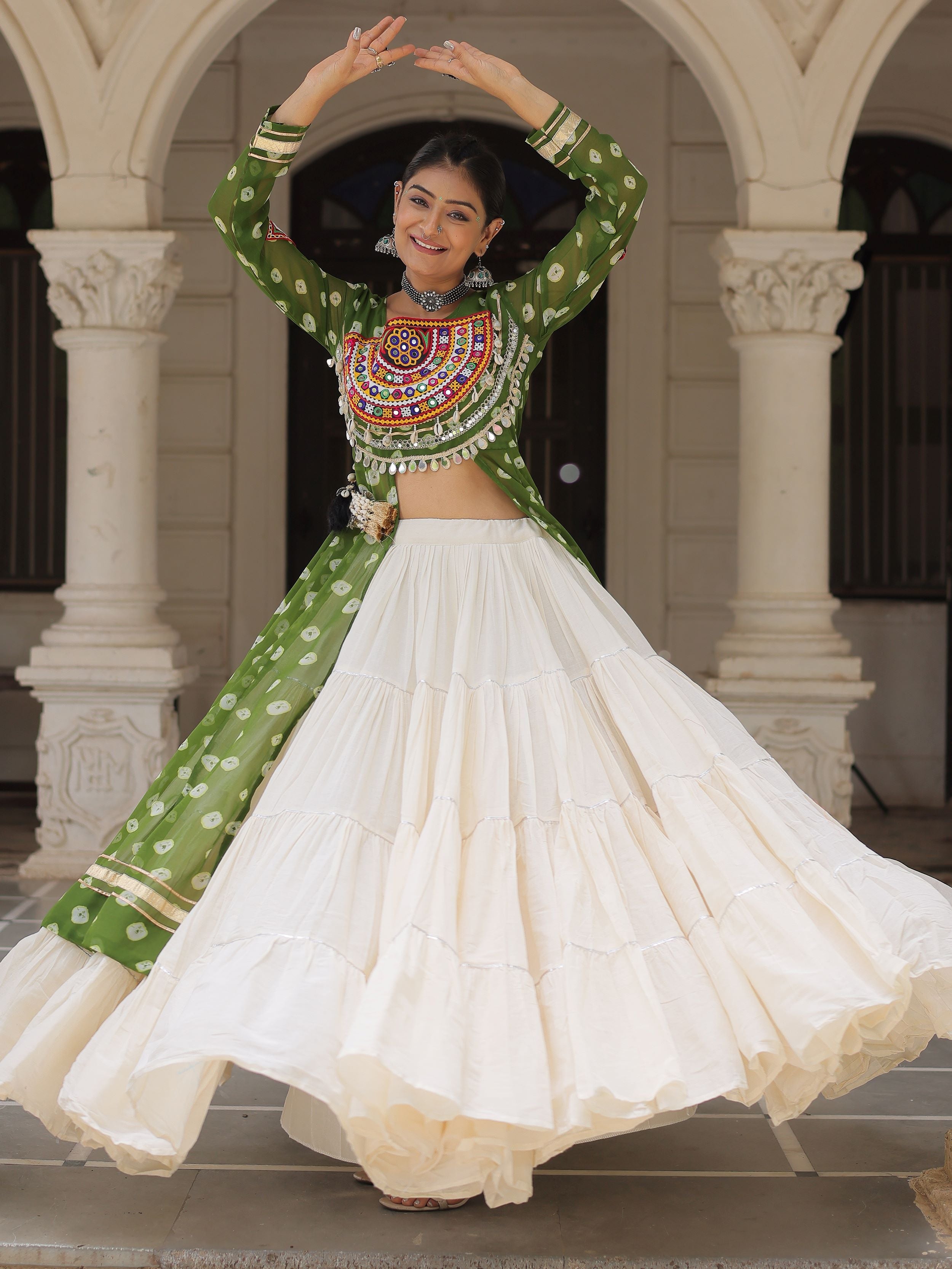 Green bandhani print kurti with kutchi patchwork kora cotton lehenga