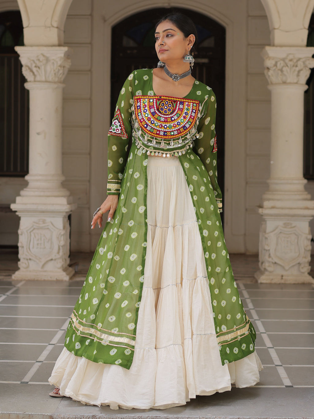 Green bandhani print kurti with kutchi patchwork kora cotton lehenga