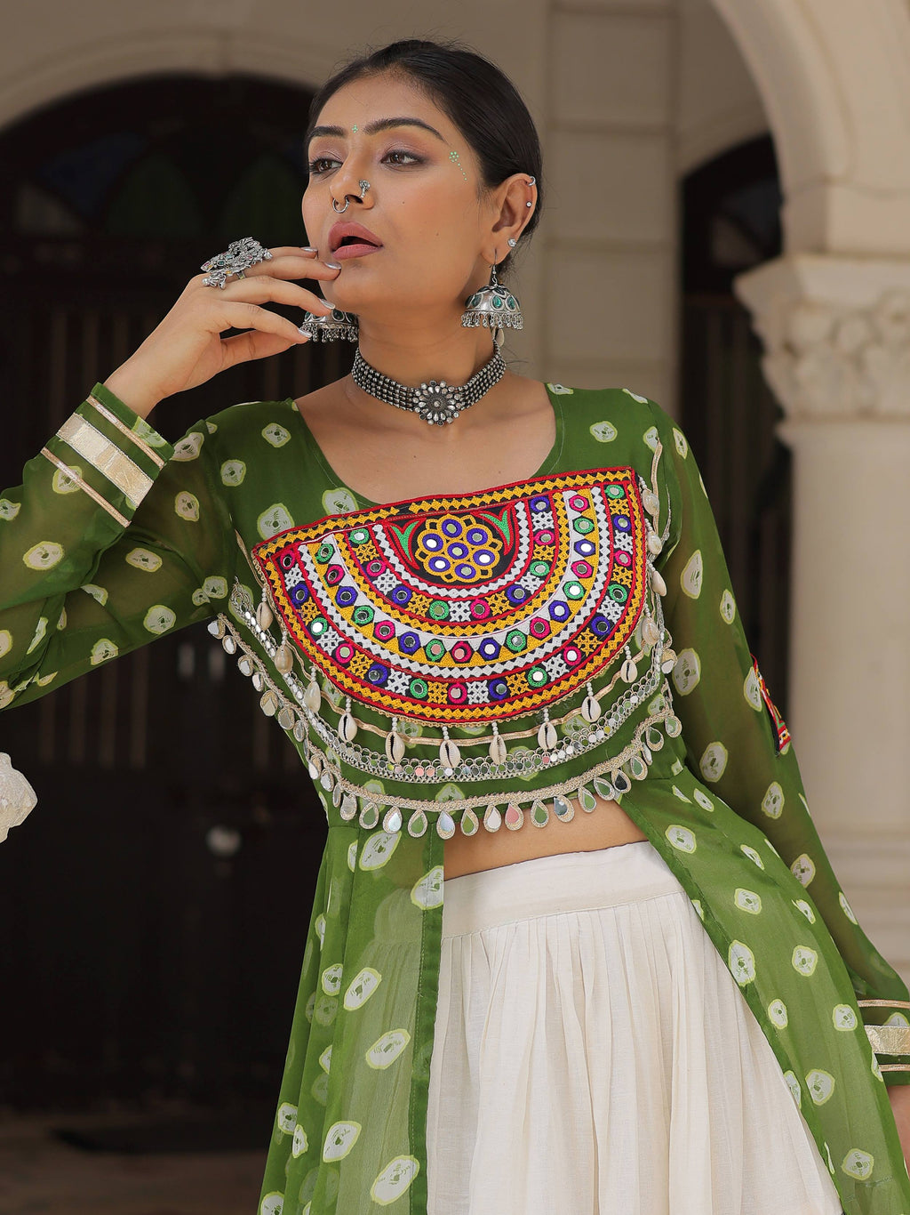 Green bandhani print kurti with kutchi patchwork kora cotton lehenga