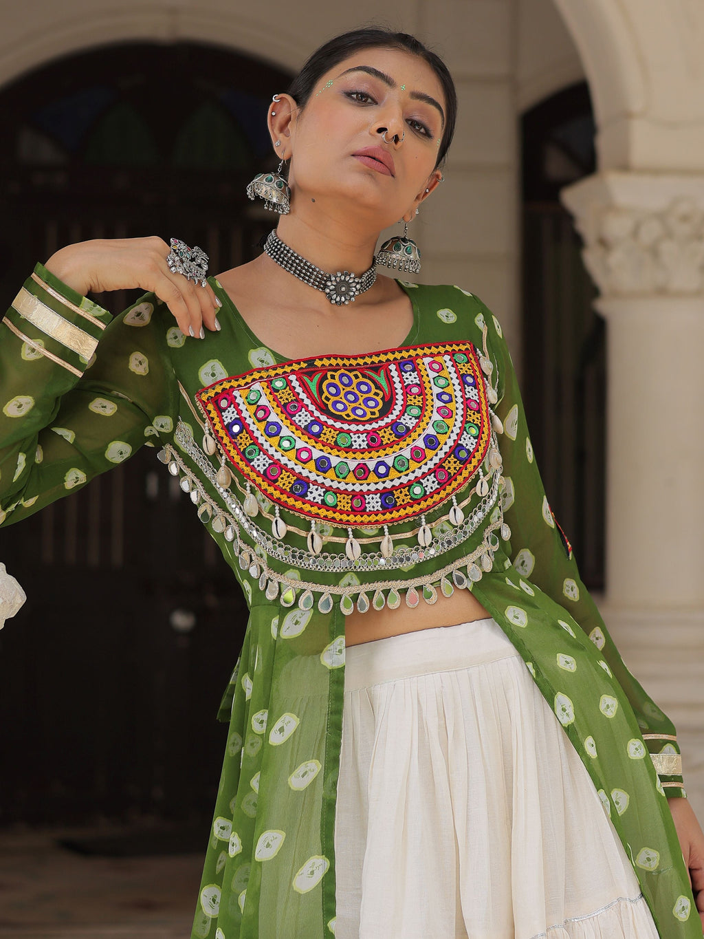 Green bandhani print kurti with kutchi patchwork kora cotton lehenga