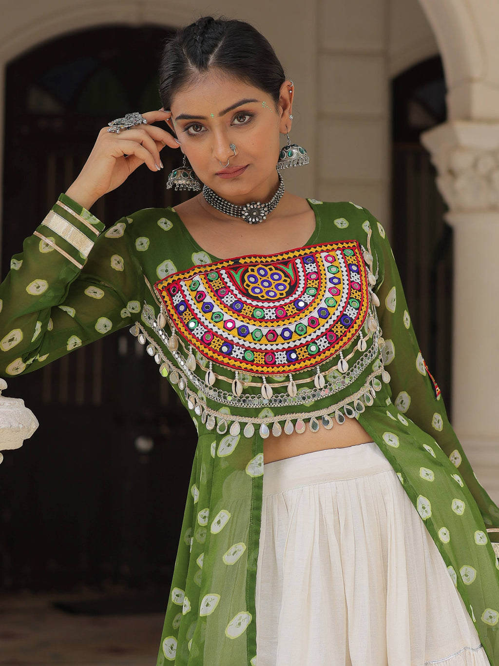 Green bandhani print kurti with kutchi patchwork kora cotton lehenga
