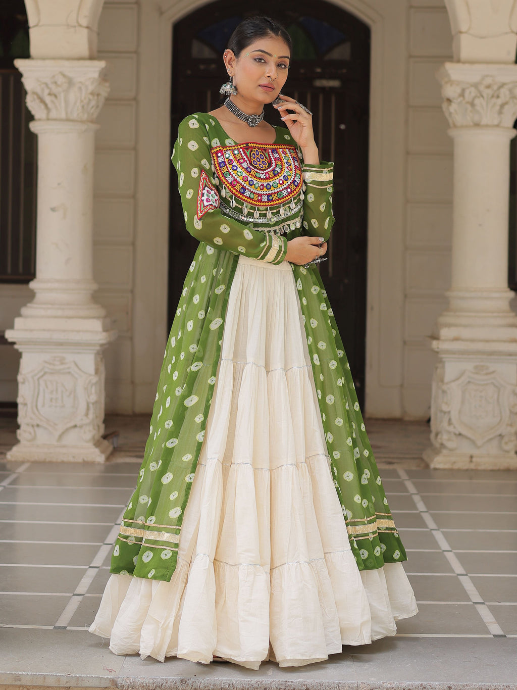 Green bandhani print kurti with kutchi patchwork kora cotton lehenga