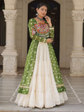 Green bandhani print kurti with kutchi patchwork kora cotton lehenga