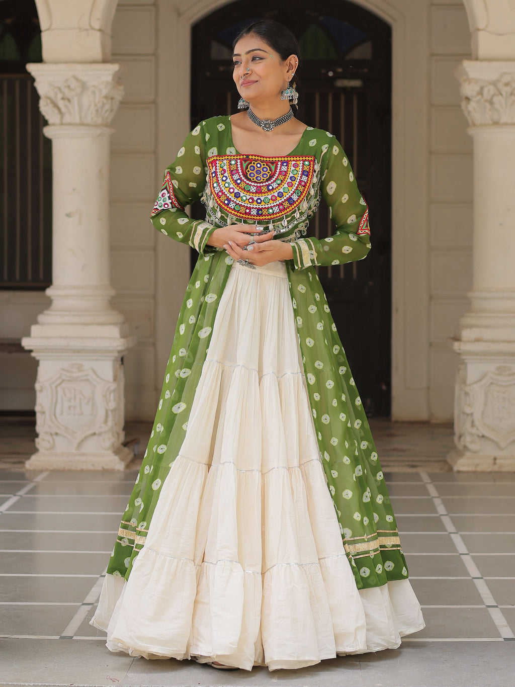 Green bandhani print kurti with kutchi patchwork kora cotton lehenga