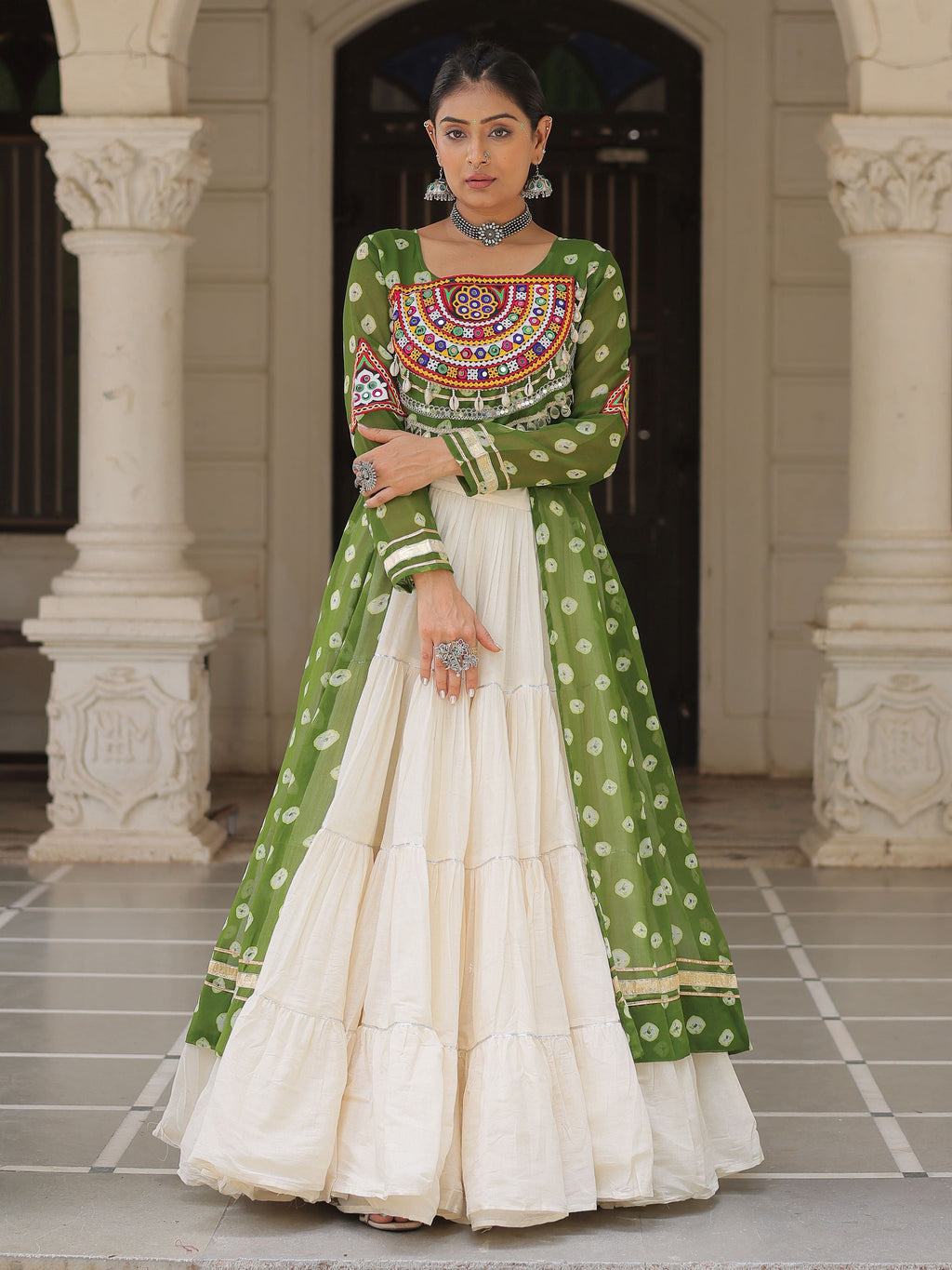 Green bandhani print kurti with kutchi patchwork kora cotton lehenga