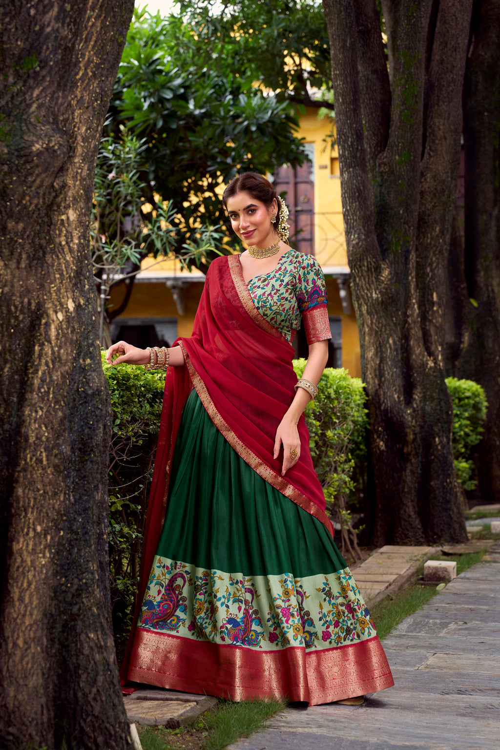 Avni Green Color Aastha Silk Printed Zari Weaving Half Saree Lehenga