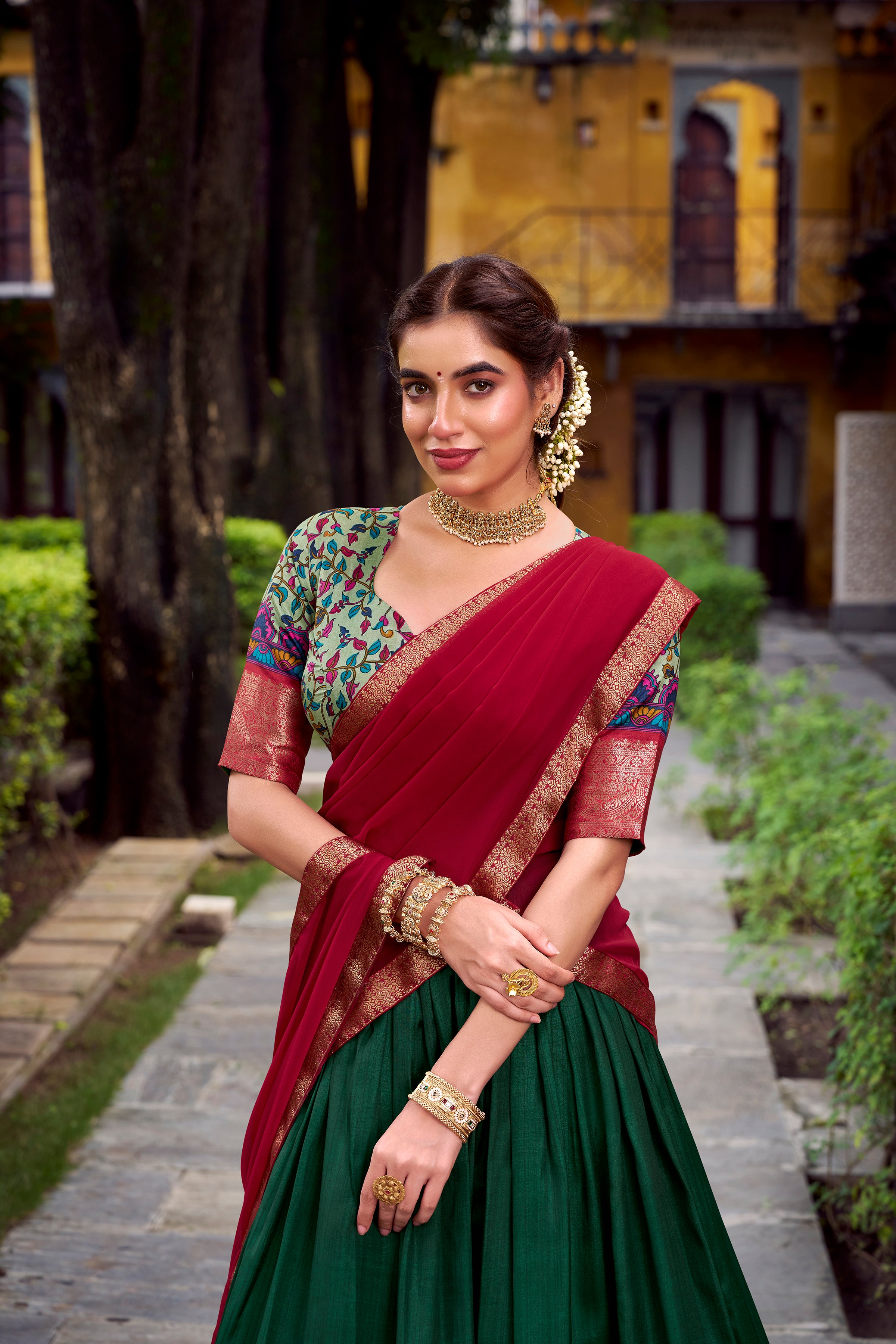 Avni Green Color Aastha Silk Printed Zari Weaving Half Saree Lehenga