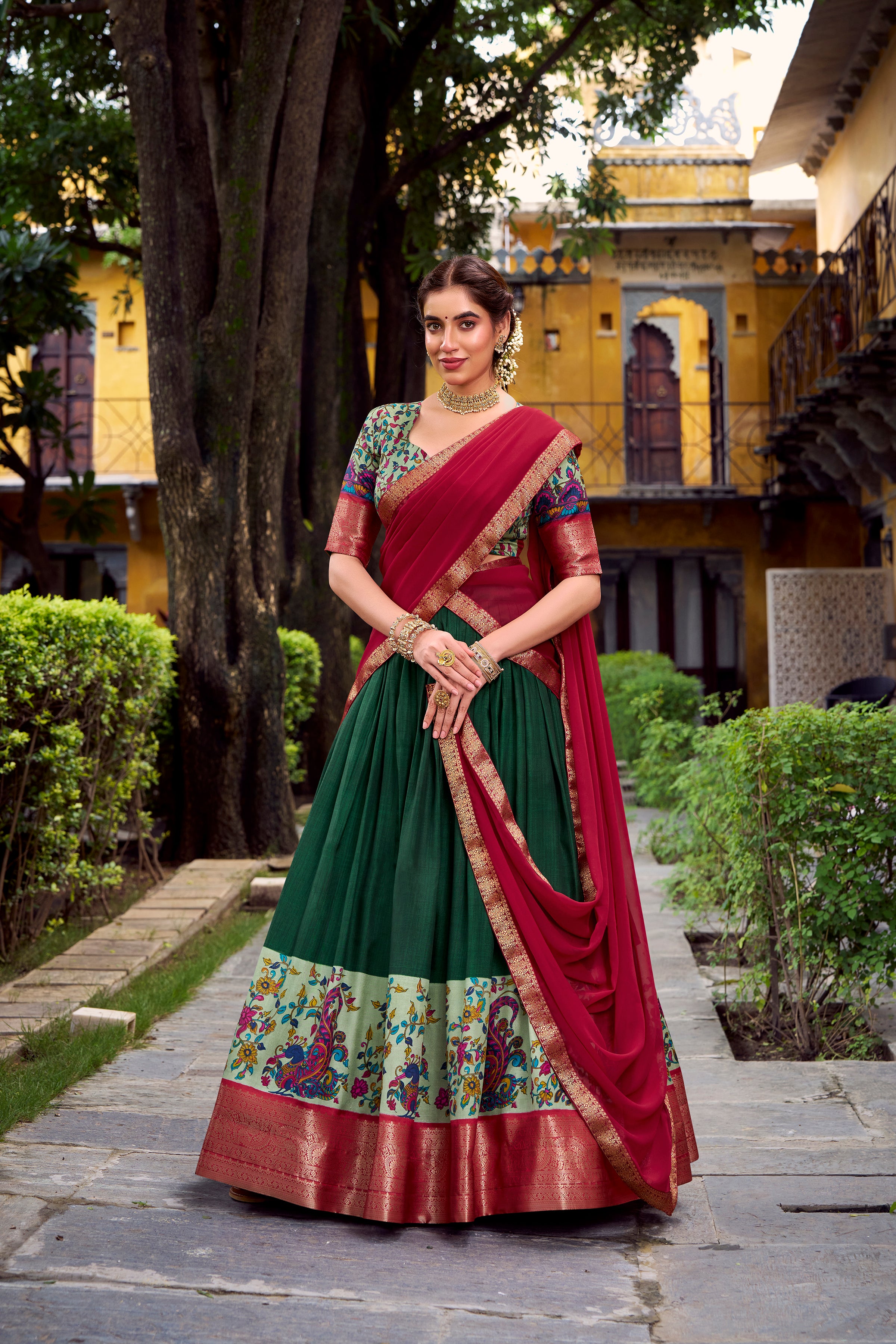 Avni Green Color Aastha Silk Printed Zari Weaving Half Saree Lehenga