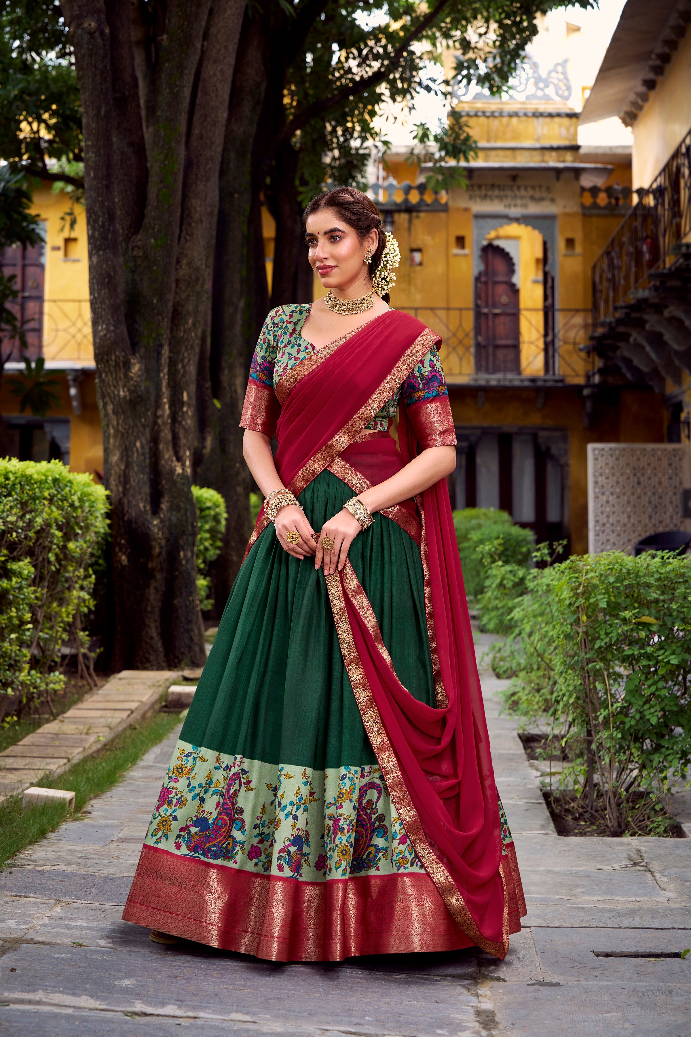 Avni Green Color Aastha Silk Printed Zari Weaving Half Saree Lehenga