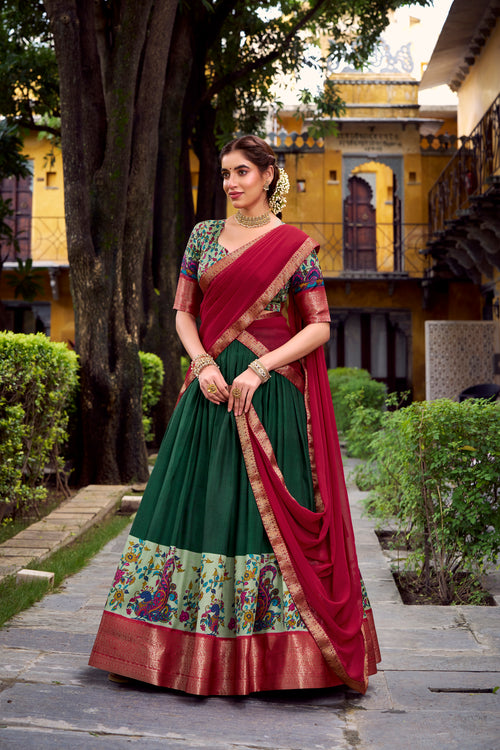 Avni green Aastha silk printed zari weaving half saree lehenga