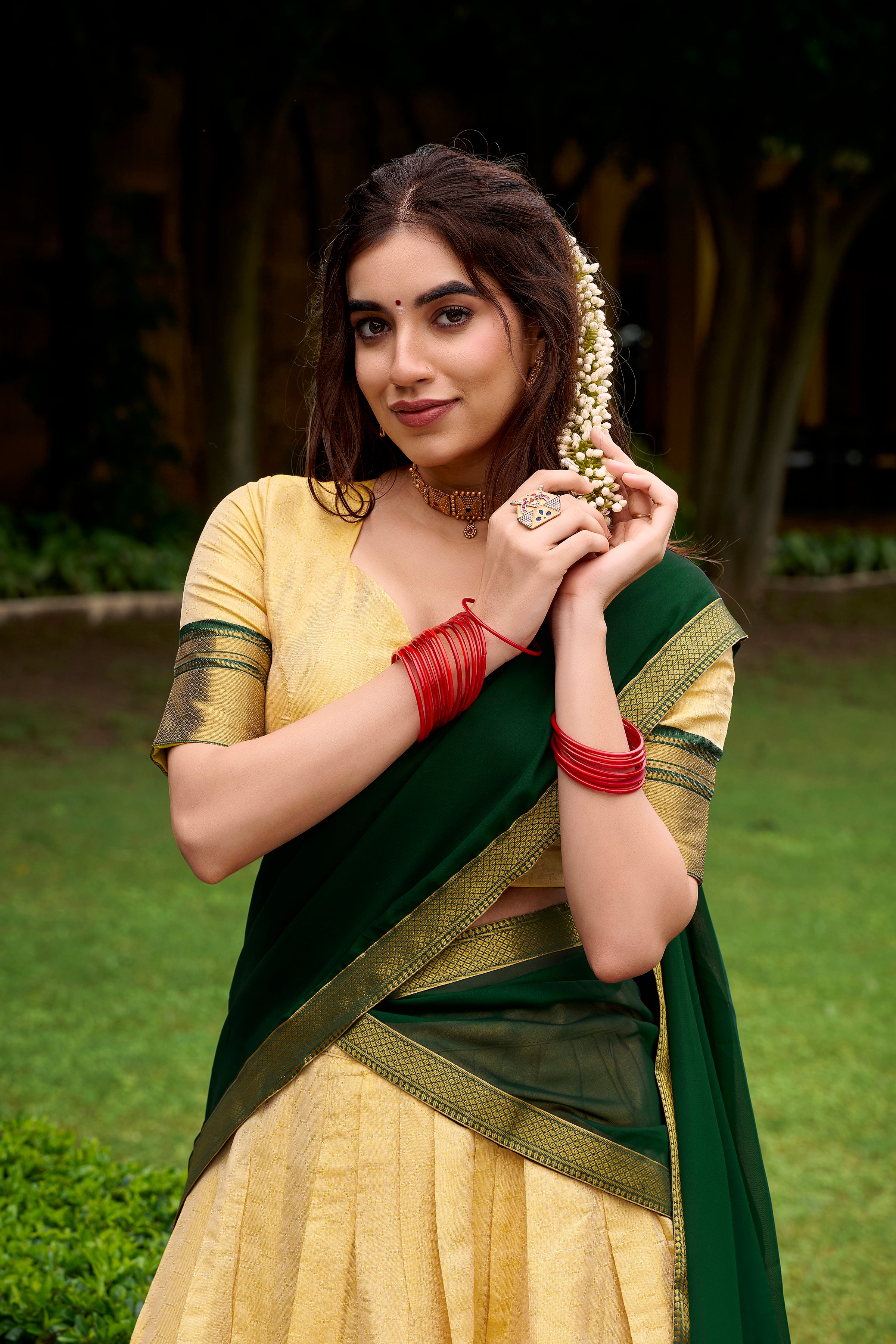 Green Color Kanchipuram Silk Zari Weaving Half Saree Lehenga Choli