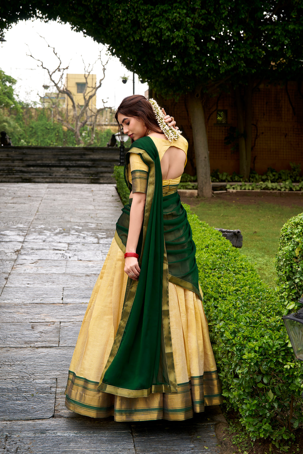 Green Color Kanchipuram Silk Zari Weaving Half Saree Lehenga Choli