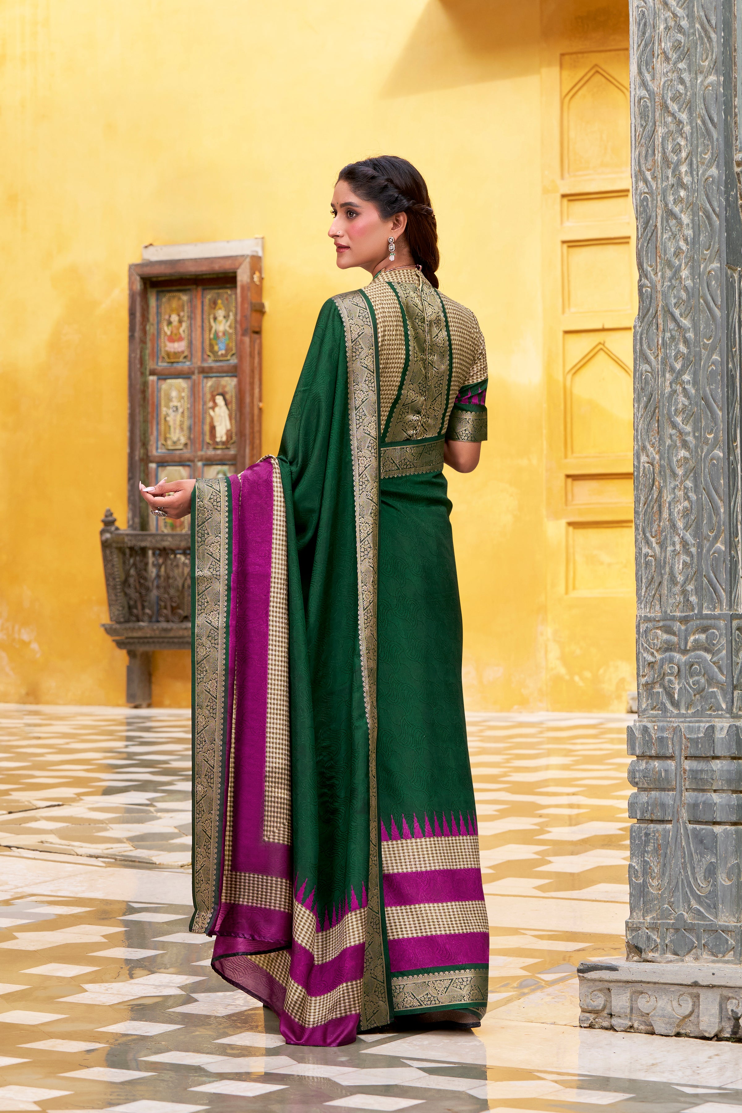 Green Color Poly Cotton Printed Saree with Zari Weaving Border and Blouse