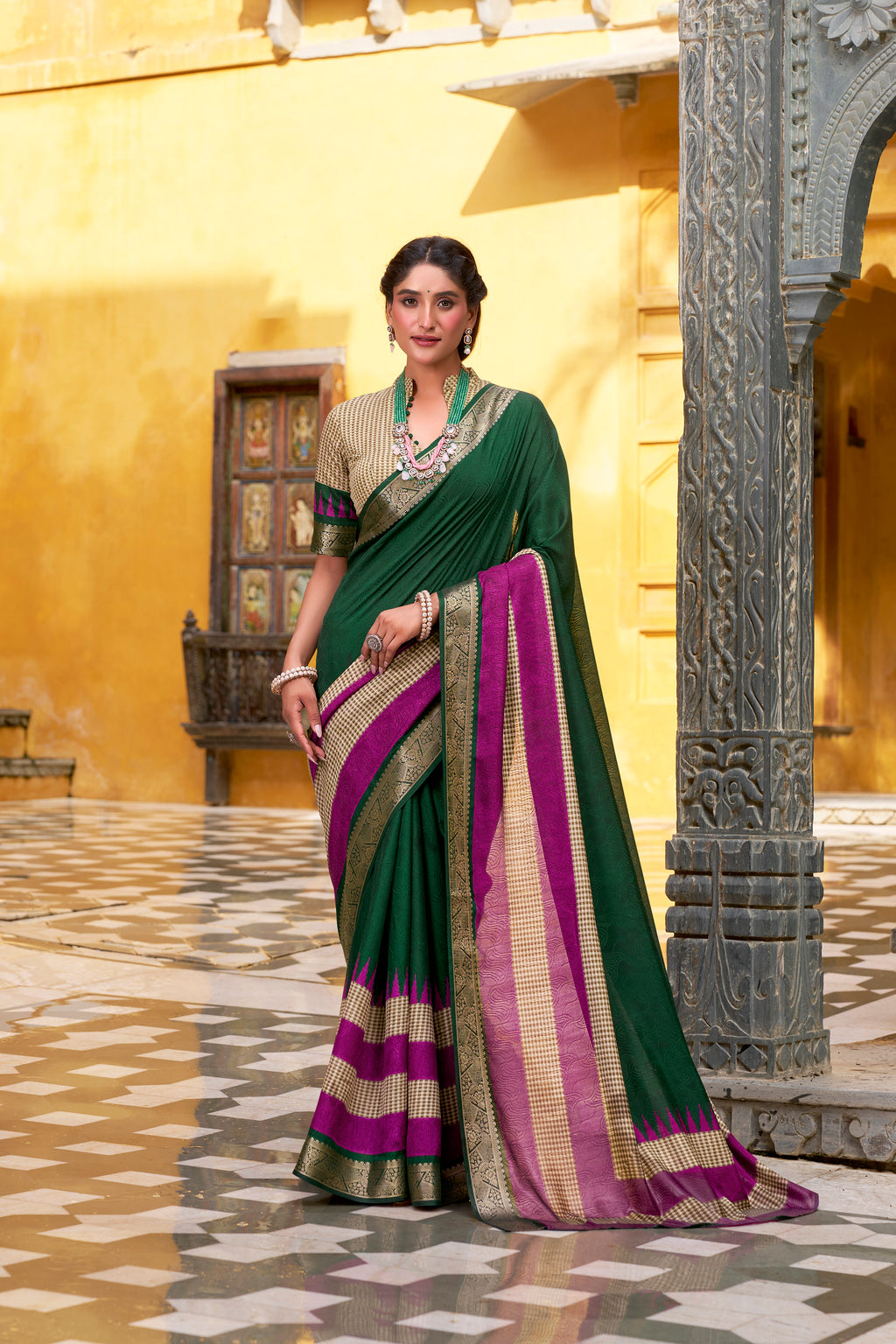 Green Color Poly Cotton Printed Saree with Zari Weaving Border and Blouse