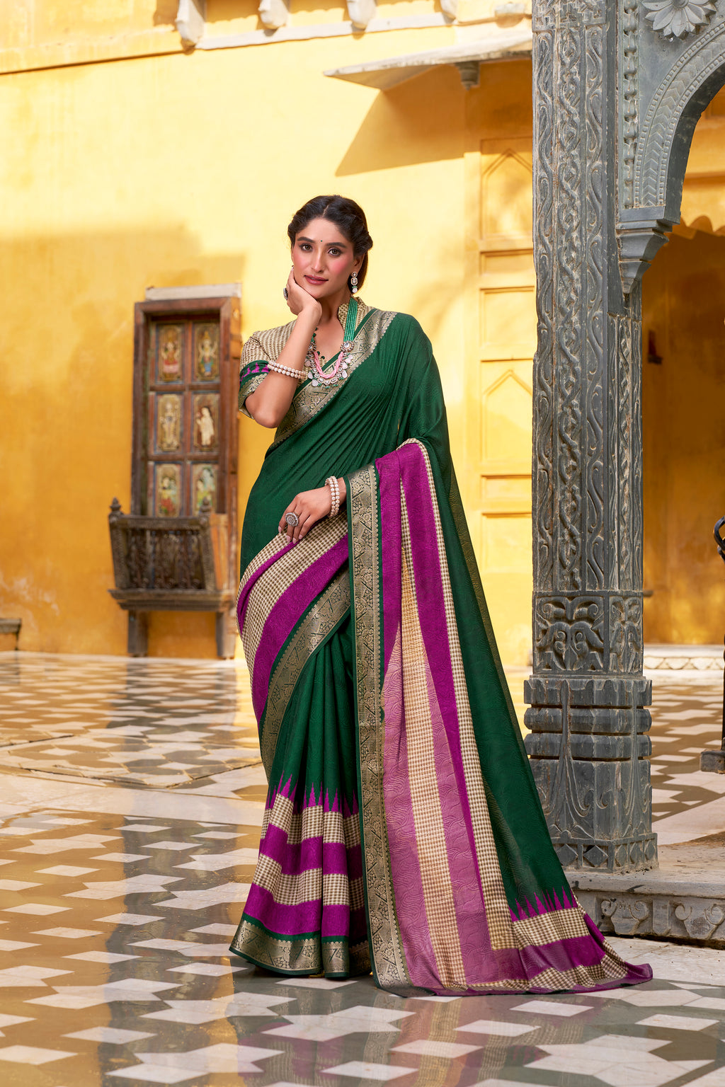 Green Color Poly Cotton Printed Saree with Zari Weaving Border and Blouse