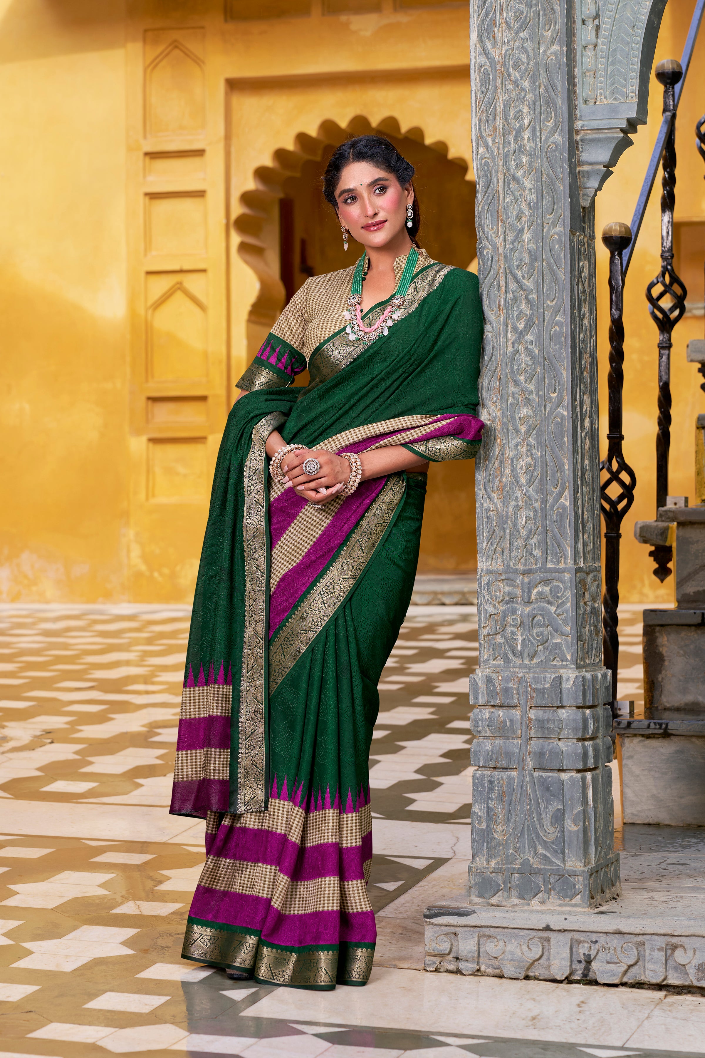 Green Color Poly Cotton Printed Saree with Zari Weaving Border and Blouse