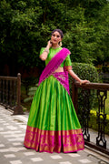 Green Color Poly Cotton Zari Weaving Half Saree Lehenga Choli