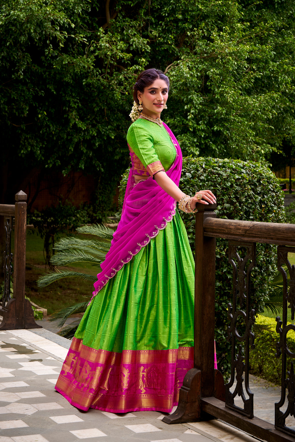 Green Color Poly Cotton Zari Weaving Half Saree Lehenga Choli