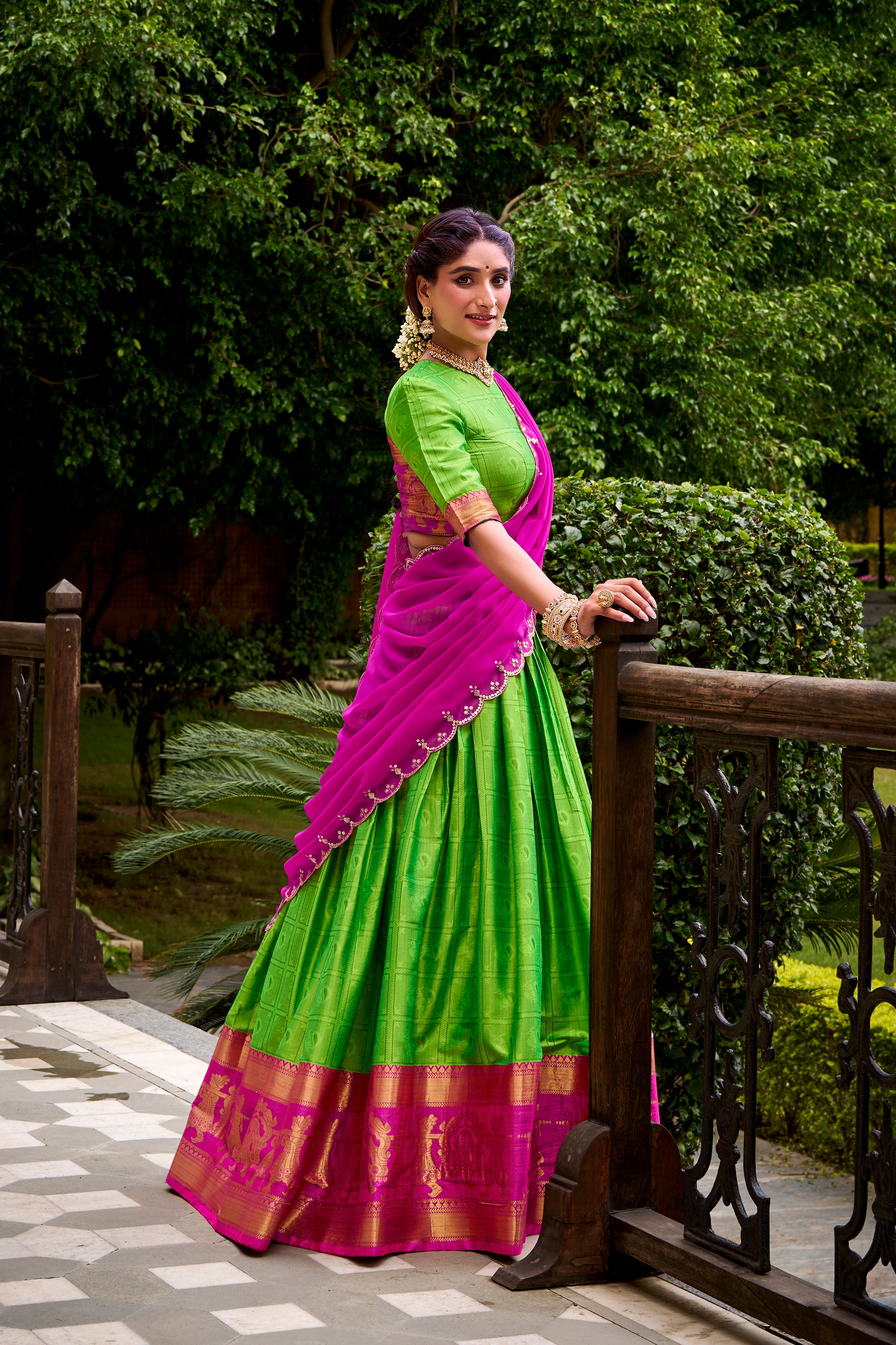 Green Color Poly Cotton Zari Weaving Half Saree Lehenga Choli