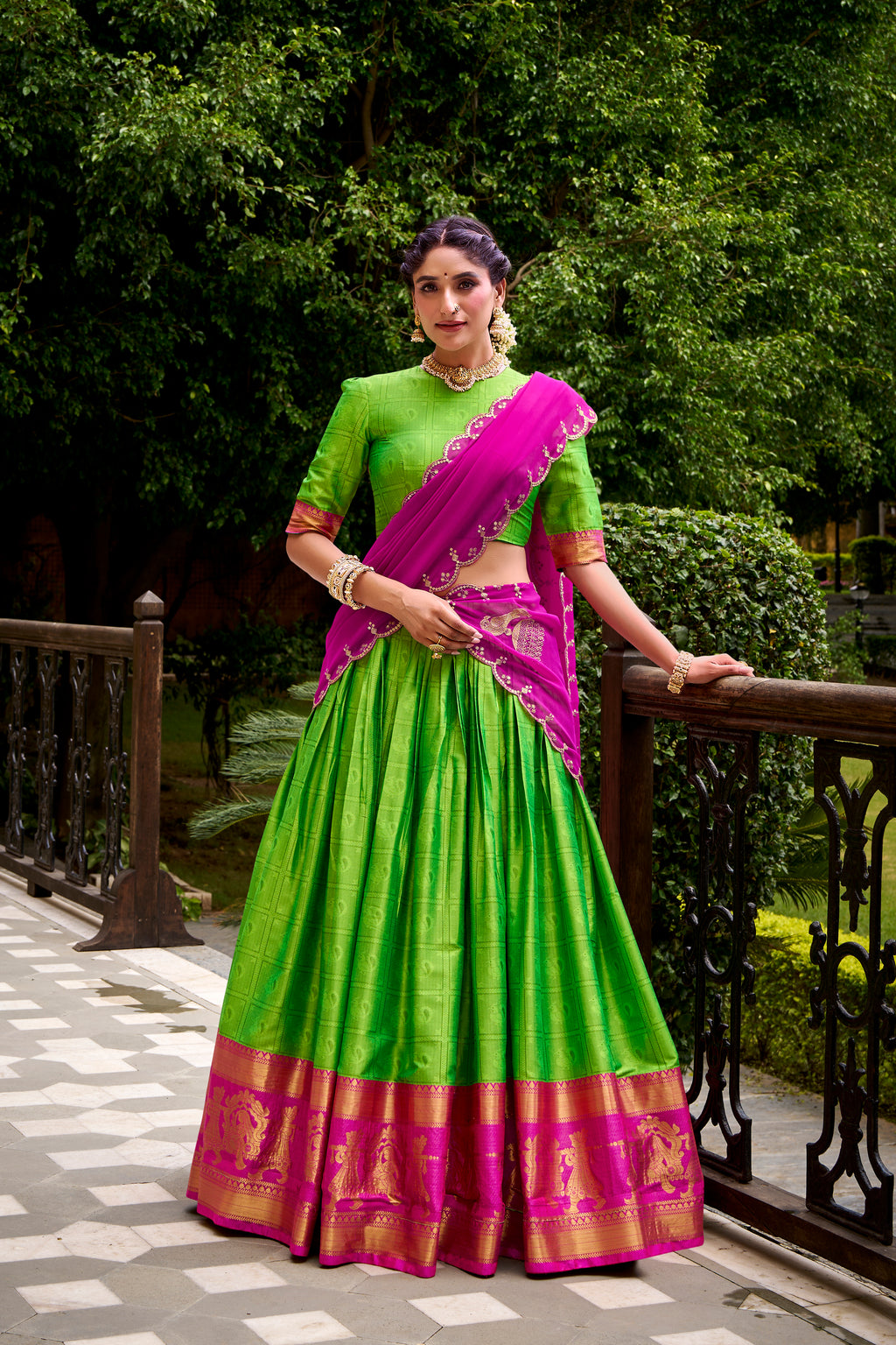 Green Color Poly Cotton Zari Weaving Half Saree Lehenga Choli