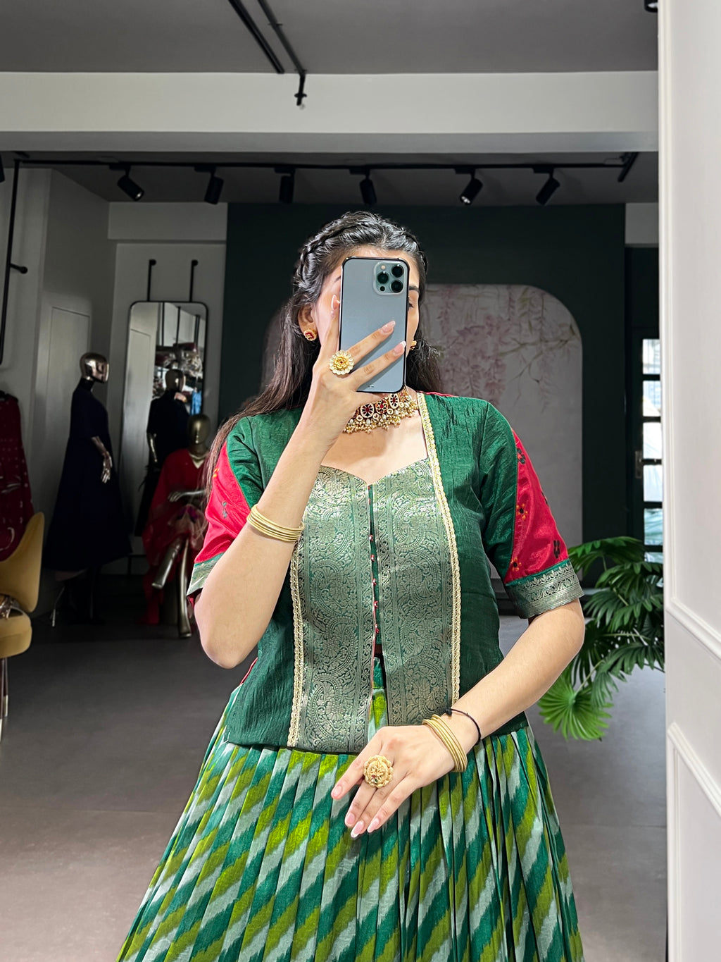 Green Color Tasar Silk Leheriya Print Zari Weaving Lehenga with Blouse