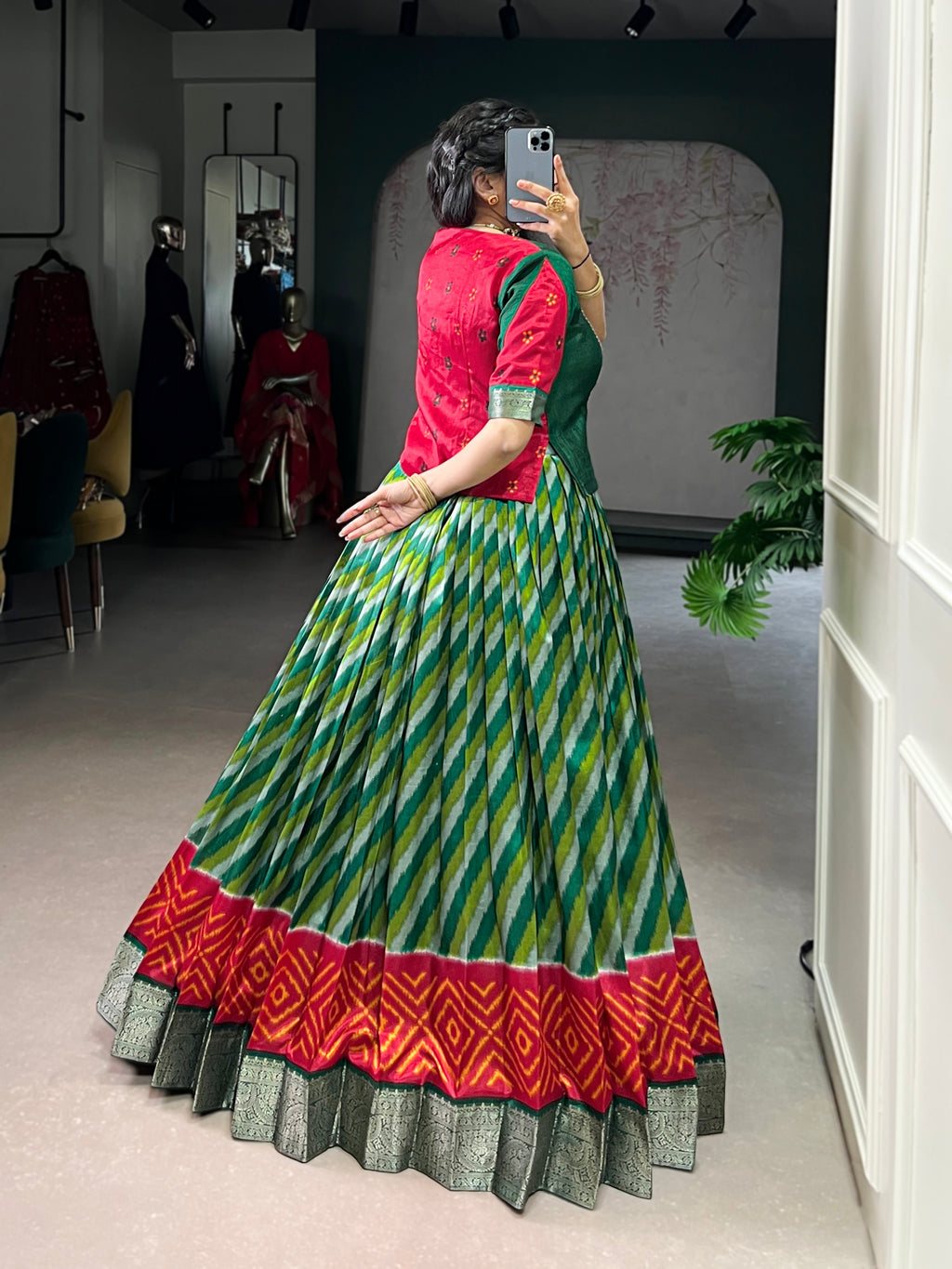 Green Color Tasar Silk Leheriya Print Zari Weaving Lehenga with Blouse