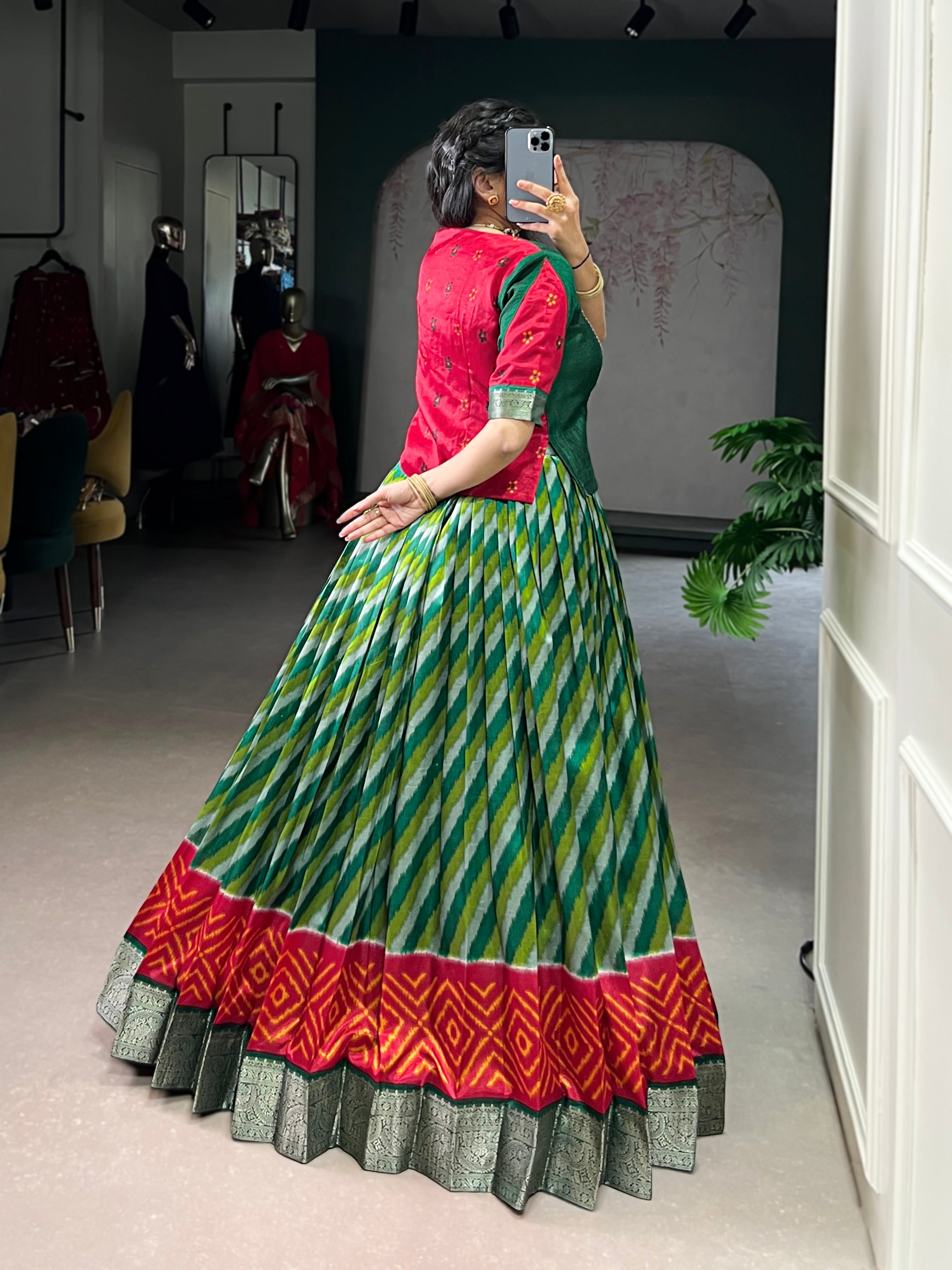Green Color Tasar Silk Leheriya Print Zari Weaving Lehenga with Blouse