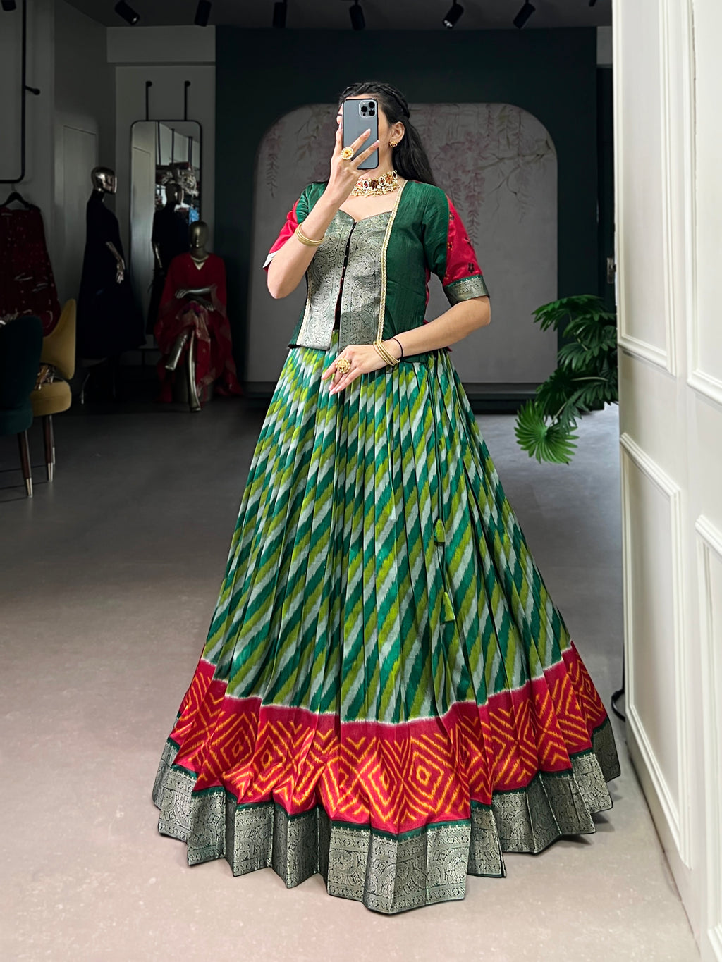 Green Color Tasar Silk Leheriya Print Zari Weaving Lehenga with Blouse