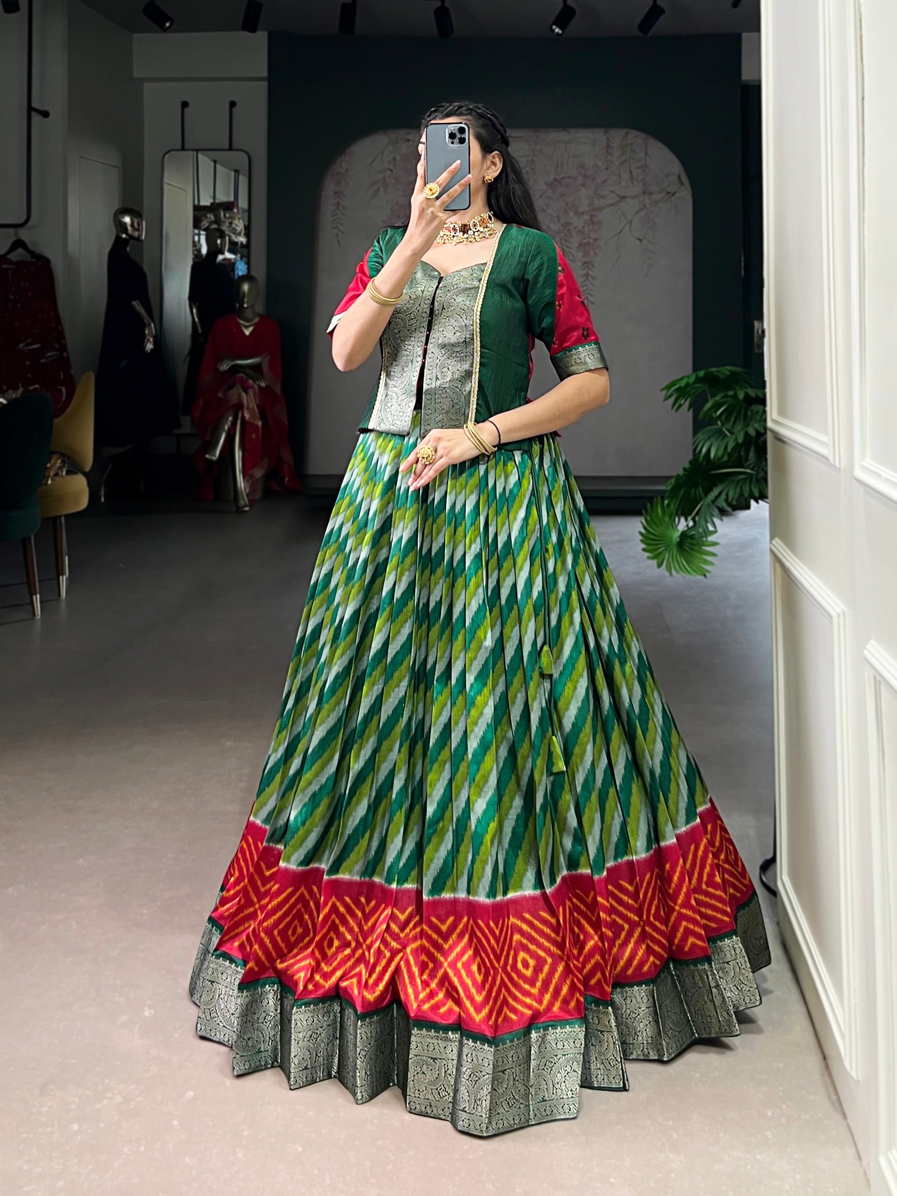 Green Color Tasar Silk Leheriya Print Zari Weaving Lehenga with Blouse