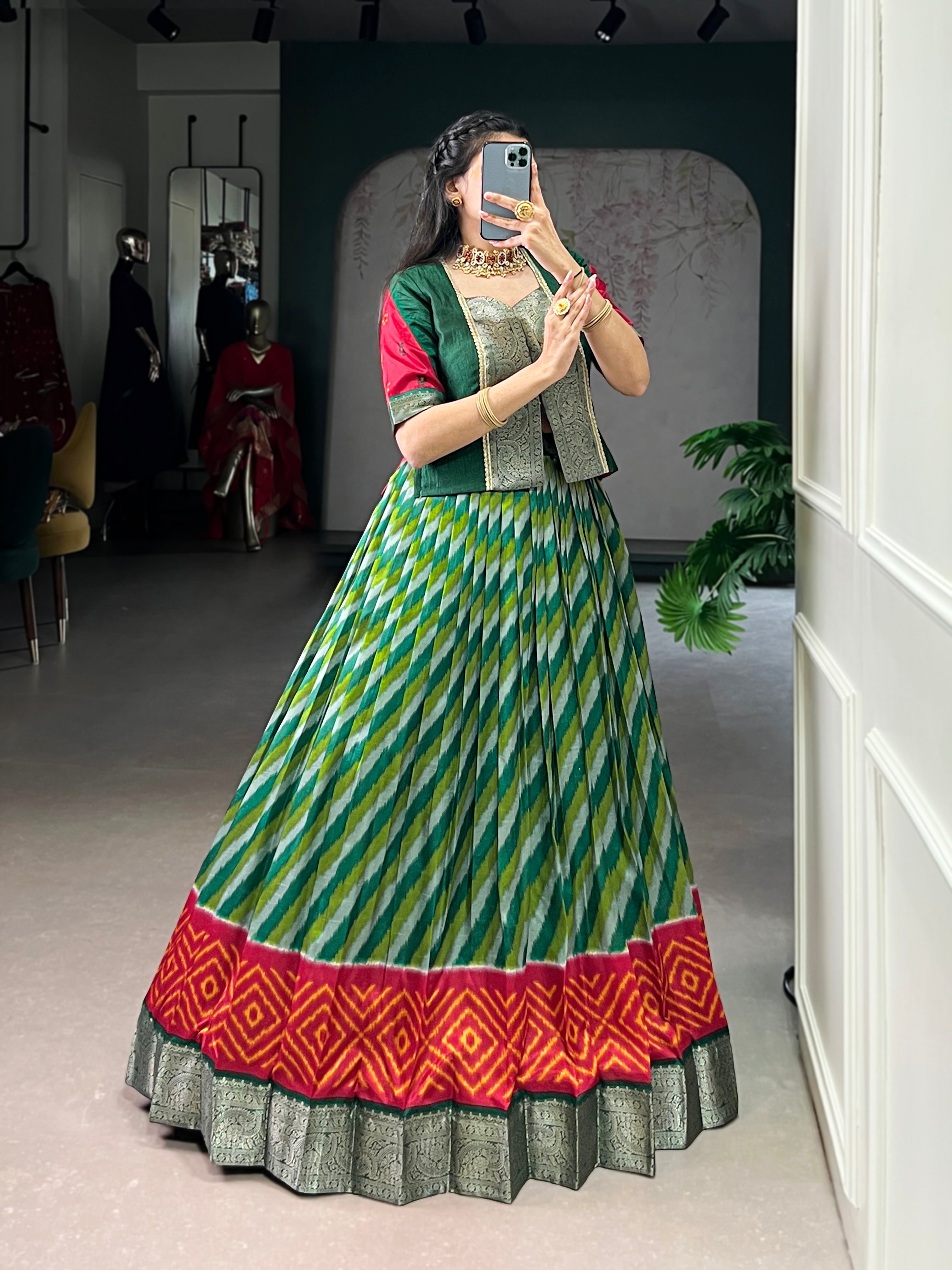 Green Color Tasar Silk Leheriya Print Zari Weaving Lehenga with Blouse