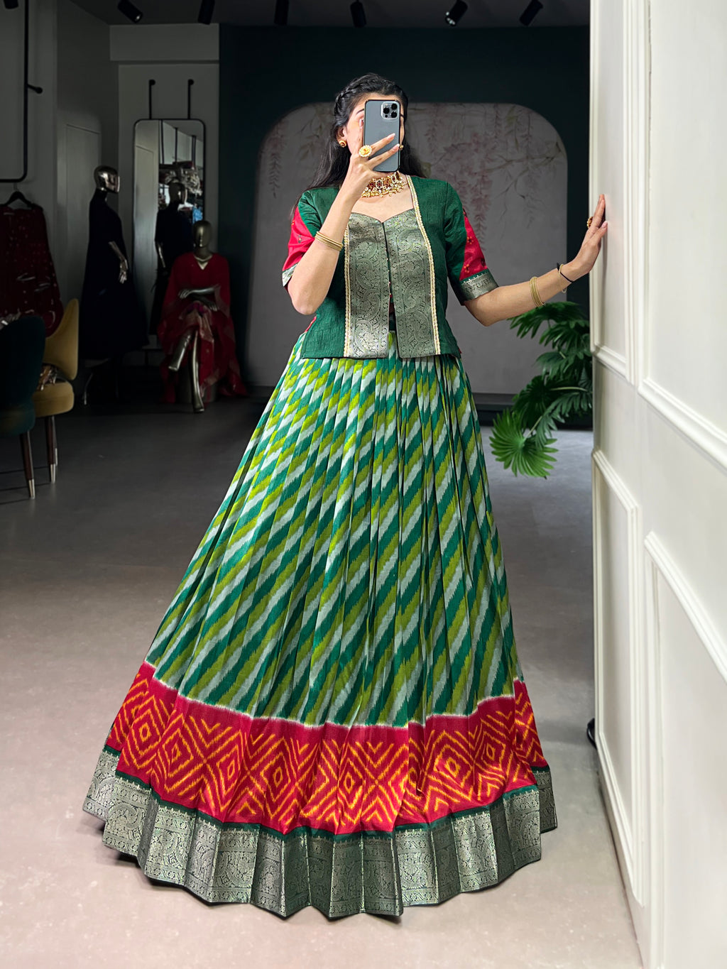 Green Color Tasar Silk Leheriya Print Zari Weaving Lehenga with Blouse