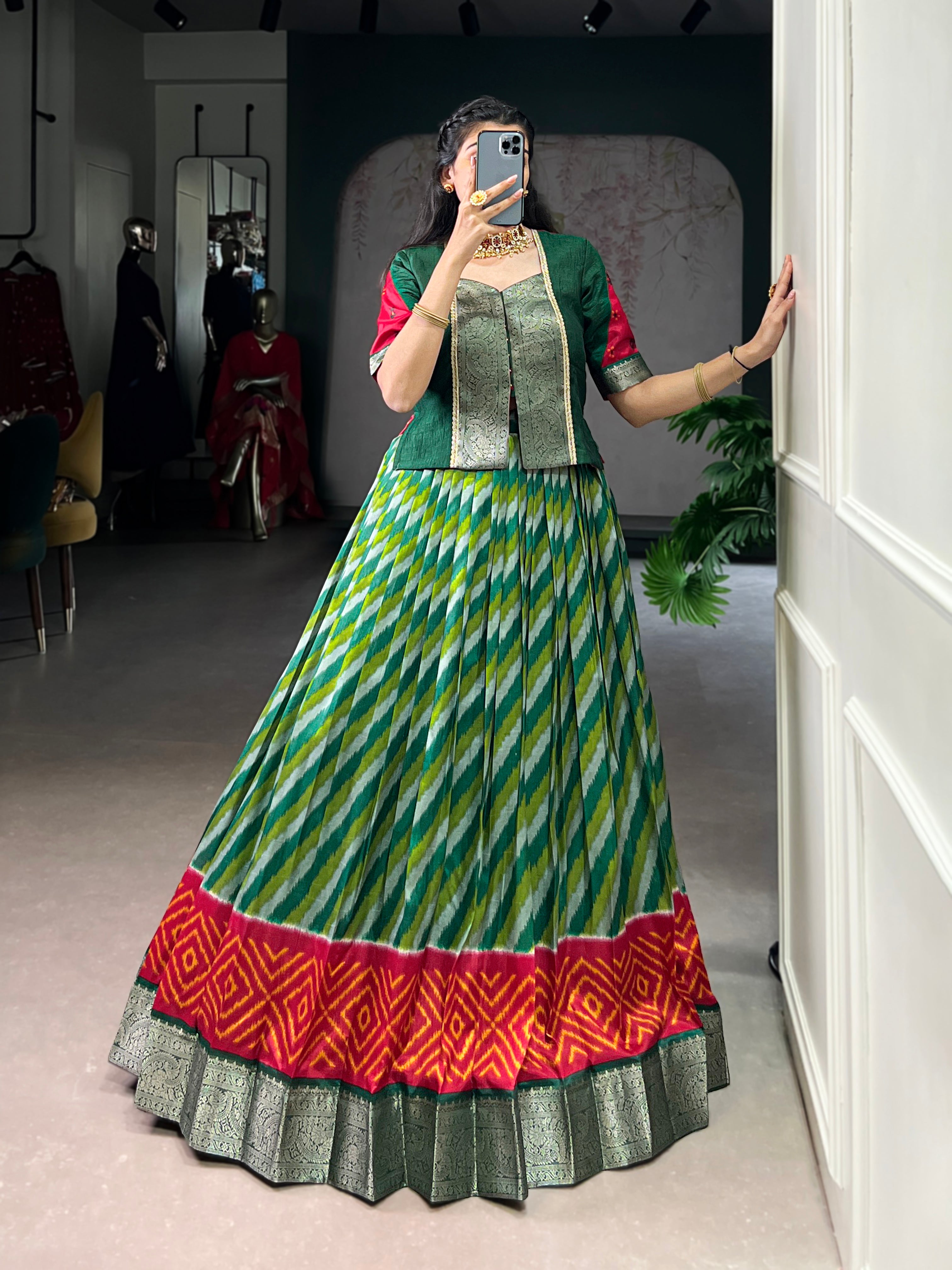 Green Color Tasar Silk Leheriya Print Zari Weaving Lehenga with Blouse