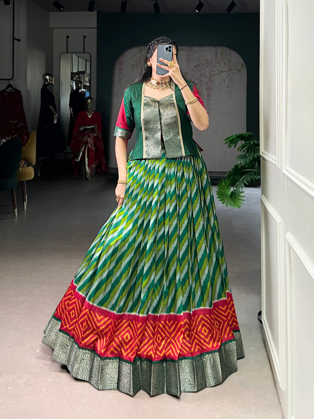 Green Color Tasar Silk Leheriya Print Zari Weaving Lehenga with Blouse