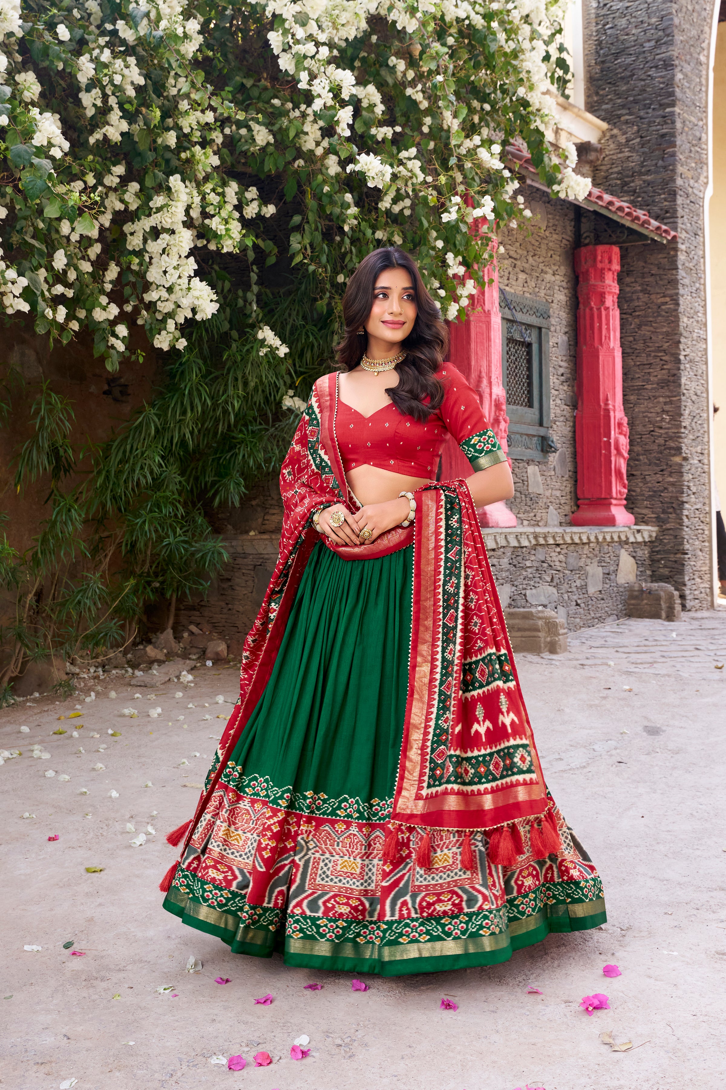 Green Color Tussar Silk Patola Print Foil Work Gotta Patti Lehenga Choli