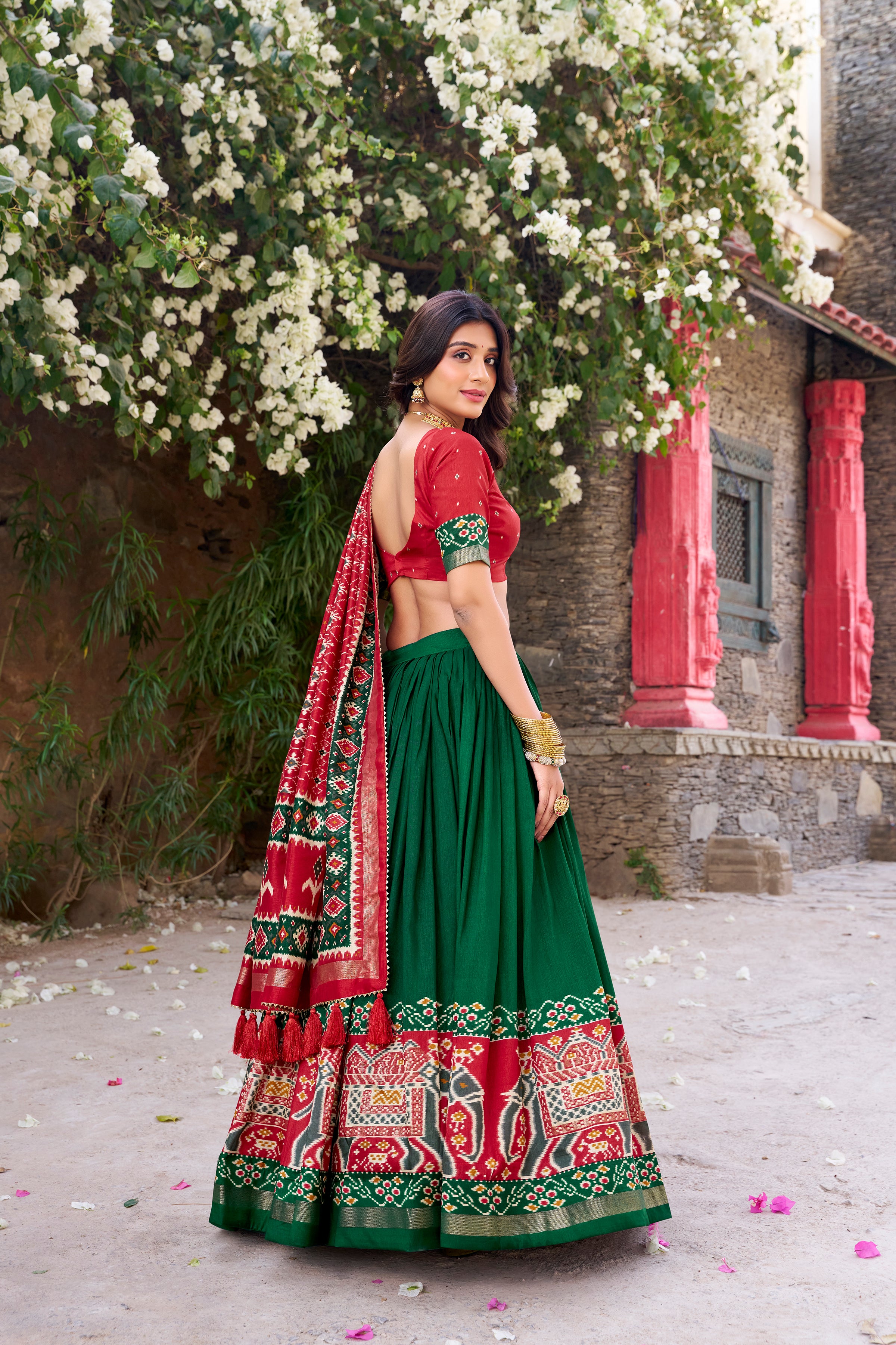 Green Color Tussar Silk Patola Print Foil Work Gotta Patti Lehenga Choli
