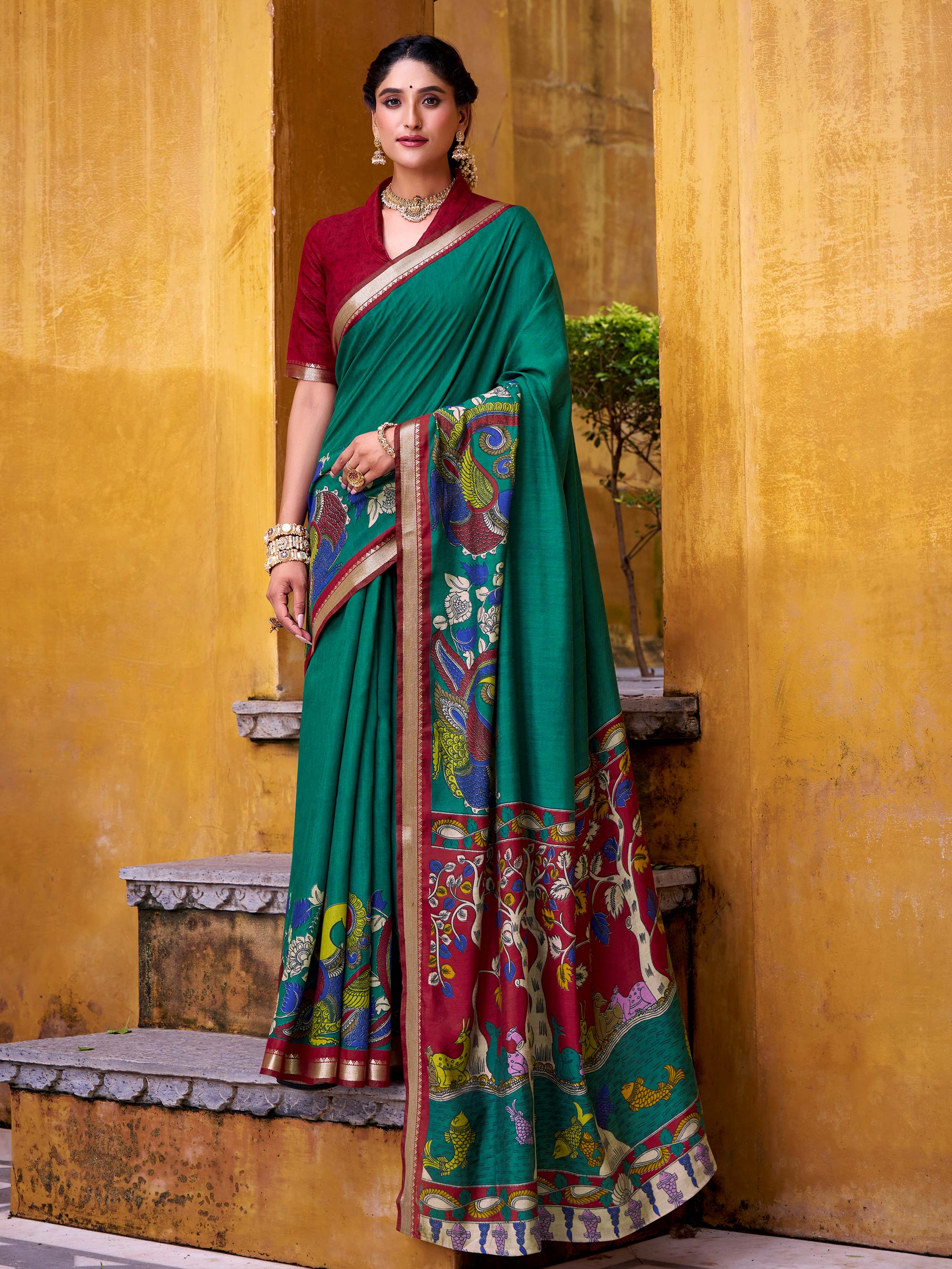 Green Color Viscose Chanderi Kalamkari Print and Zari Weaving Saree