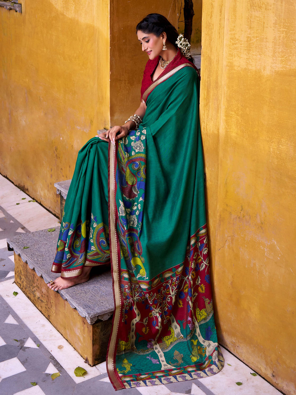 Green Color Viscose Chanderi Kalamkari Print and Zari Weaving Saree