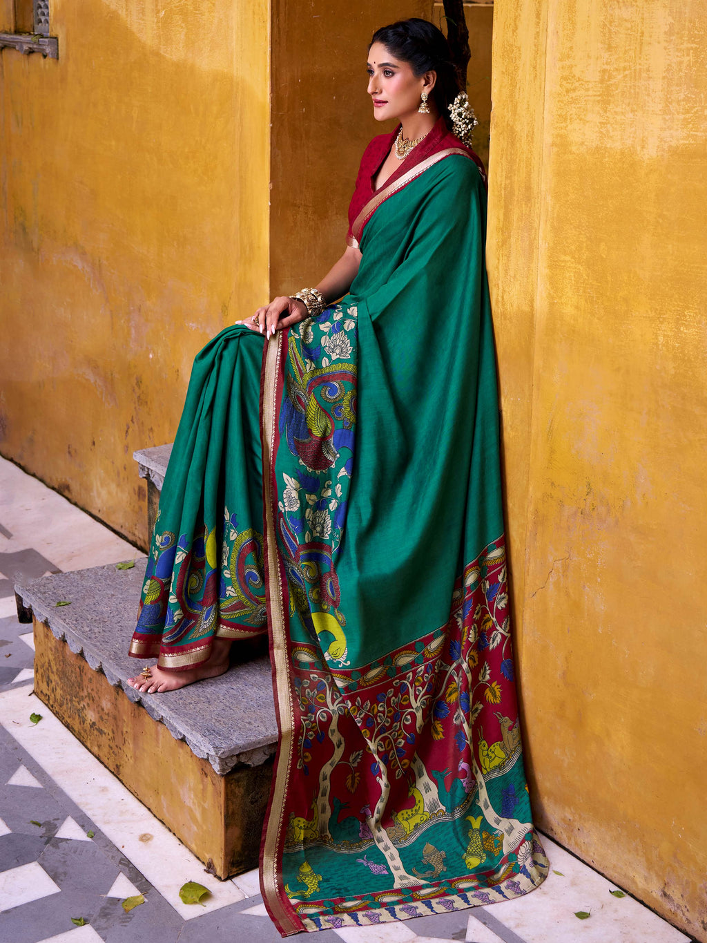 Green Color Viscose Chanderi Kalamkari Print and Zari Weaving Saree
