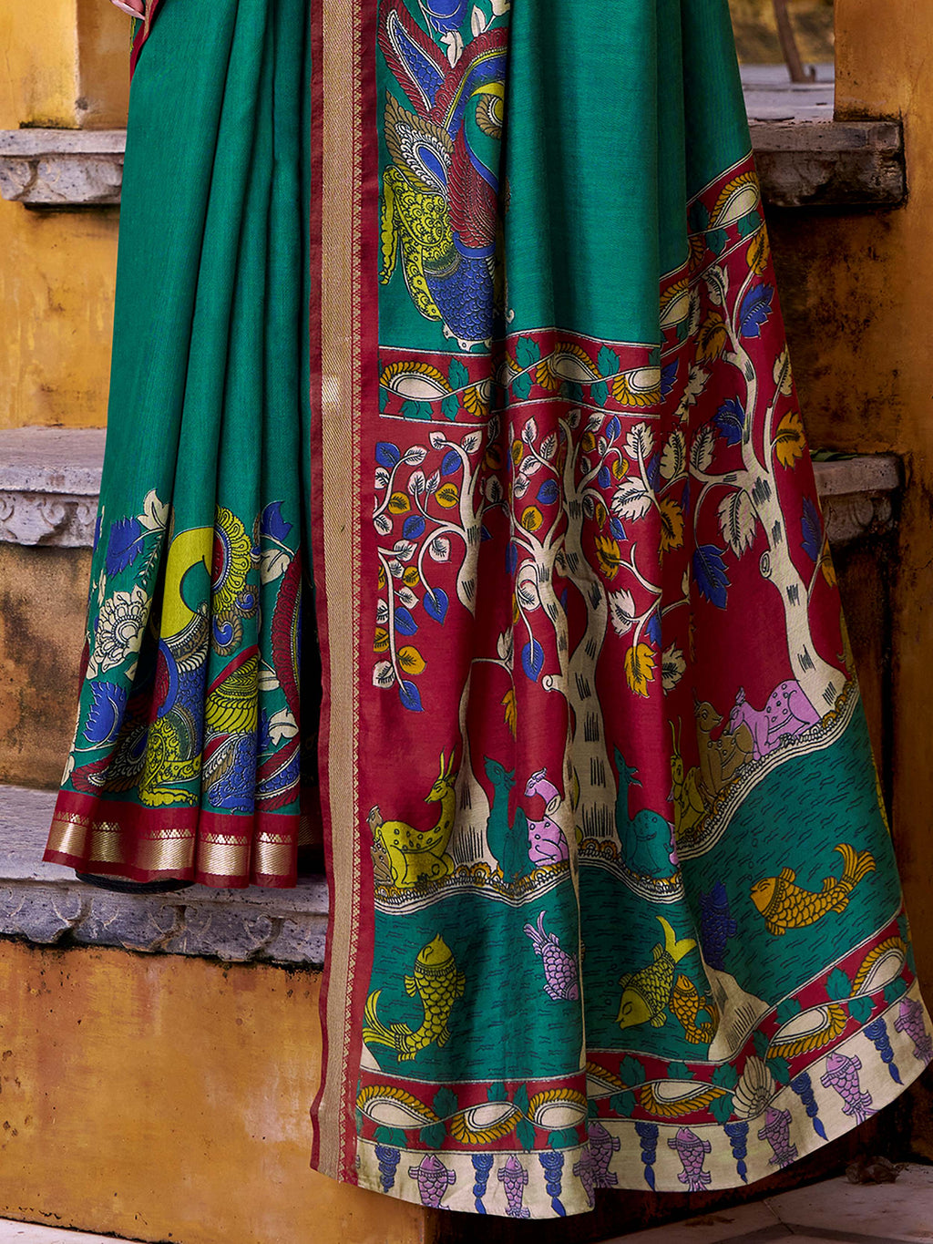 Green Color Viscose Chanderi Kalamkari Print and Zari Weaving Saree