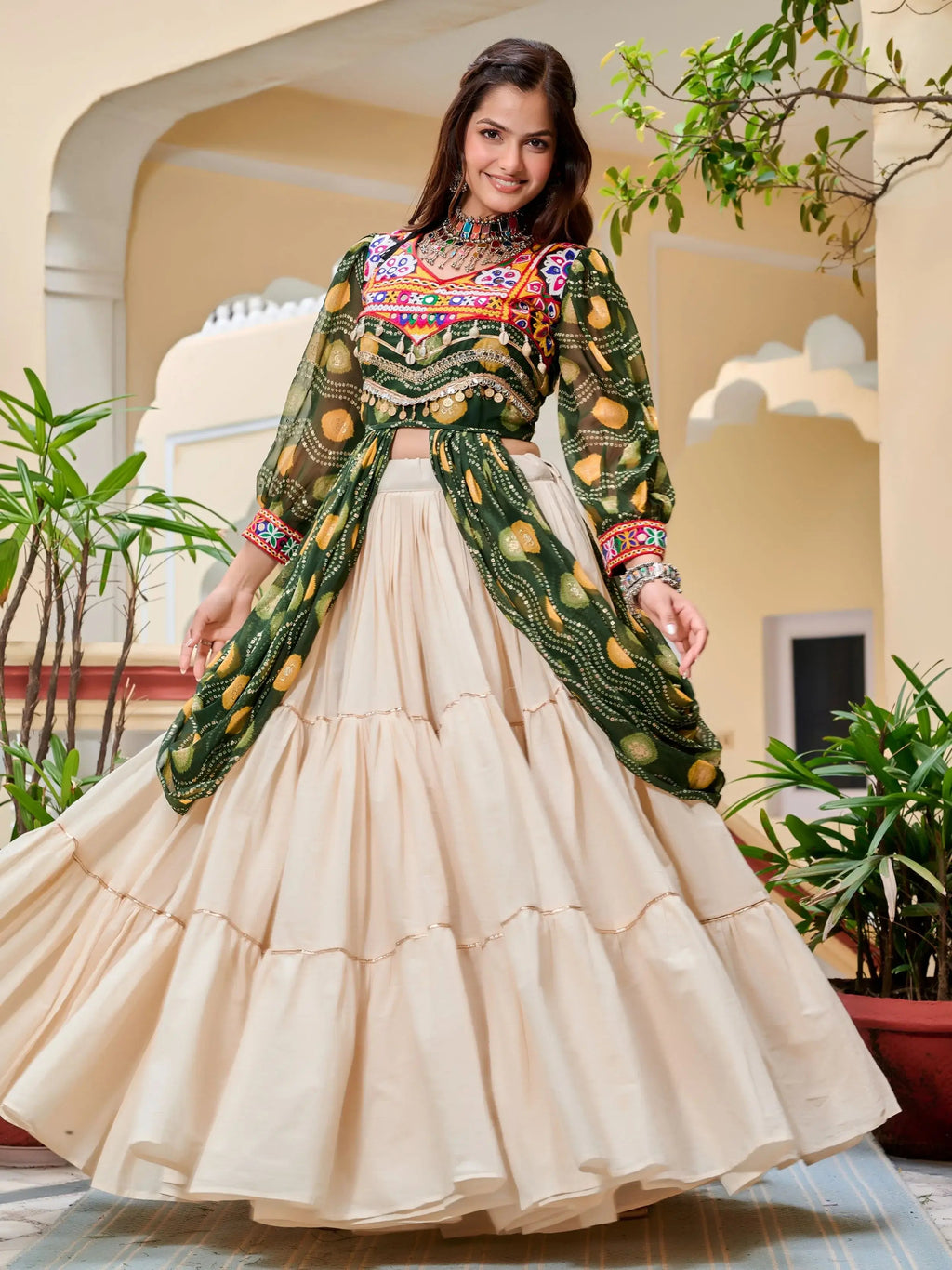 Green Cotton Gamthi Mirror and Ribbon Lace Work Lehenga Shrug Set