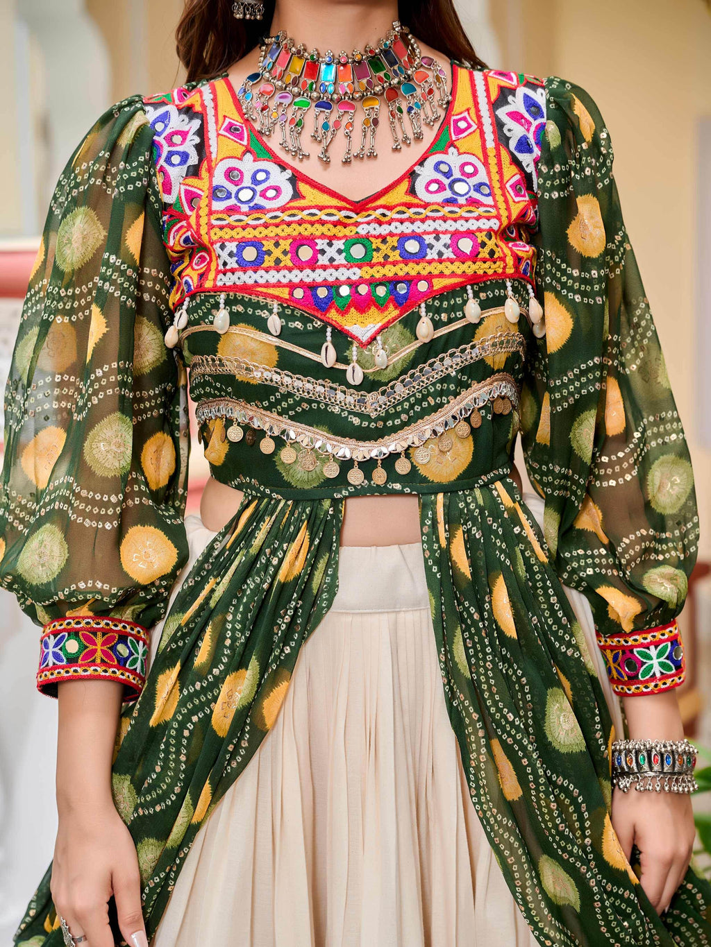 Green Cotton Gamthi Mirror and Ribbon Lace Work Lehenga Shrug Set