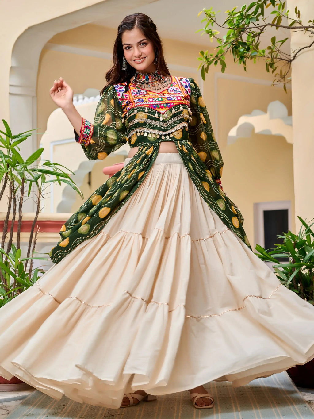 Green Cotton Gamthi Mirror and Ribbon Lace Work Lehenga Shrug Set