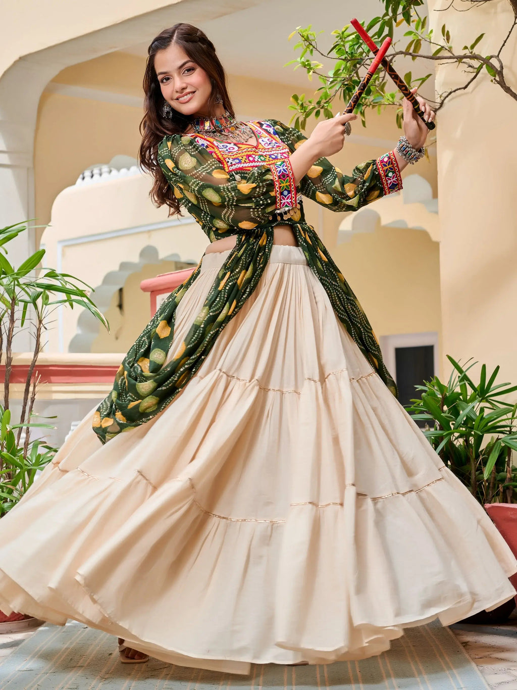 Green Cotton Gamthi Mirror and Ribbon Lace Work Lehenga Shrug Set