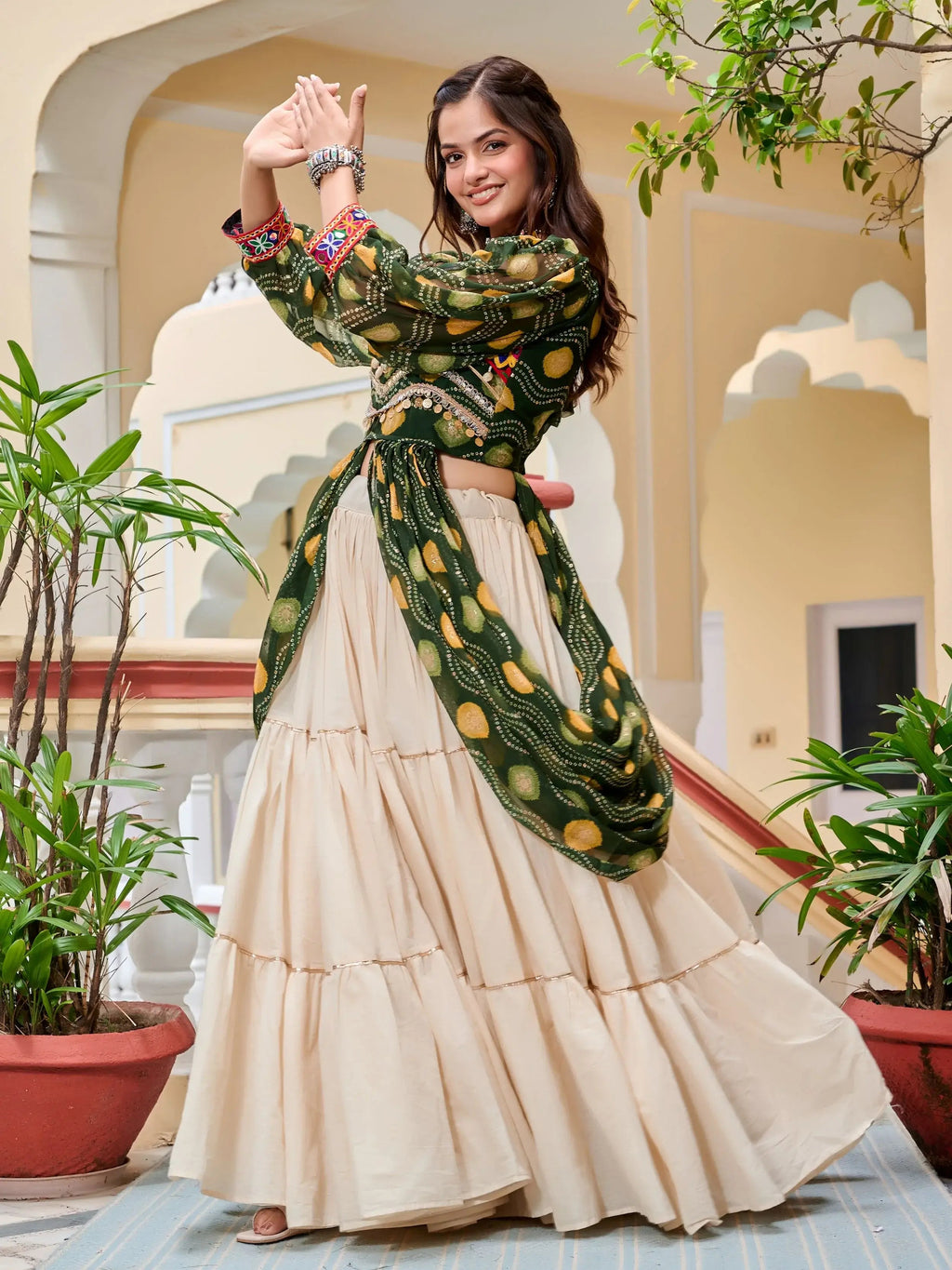 Green Cotton Gamthi Mirror and Ribbon Lace Work Lehenga Shrug Set