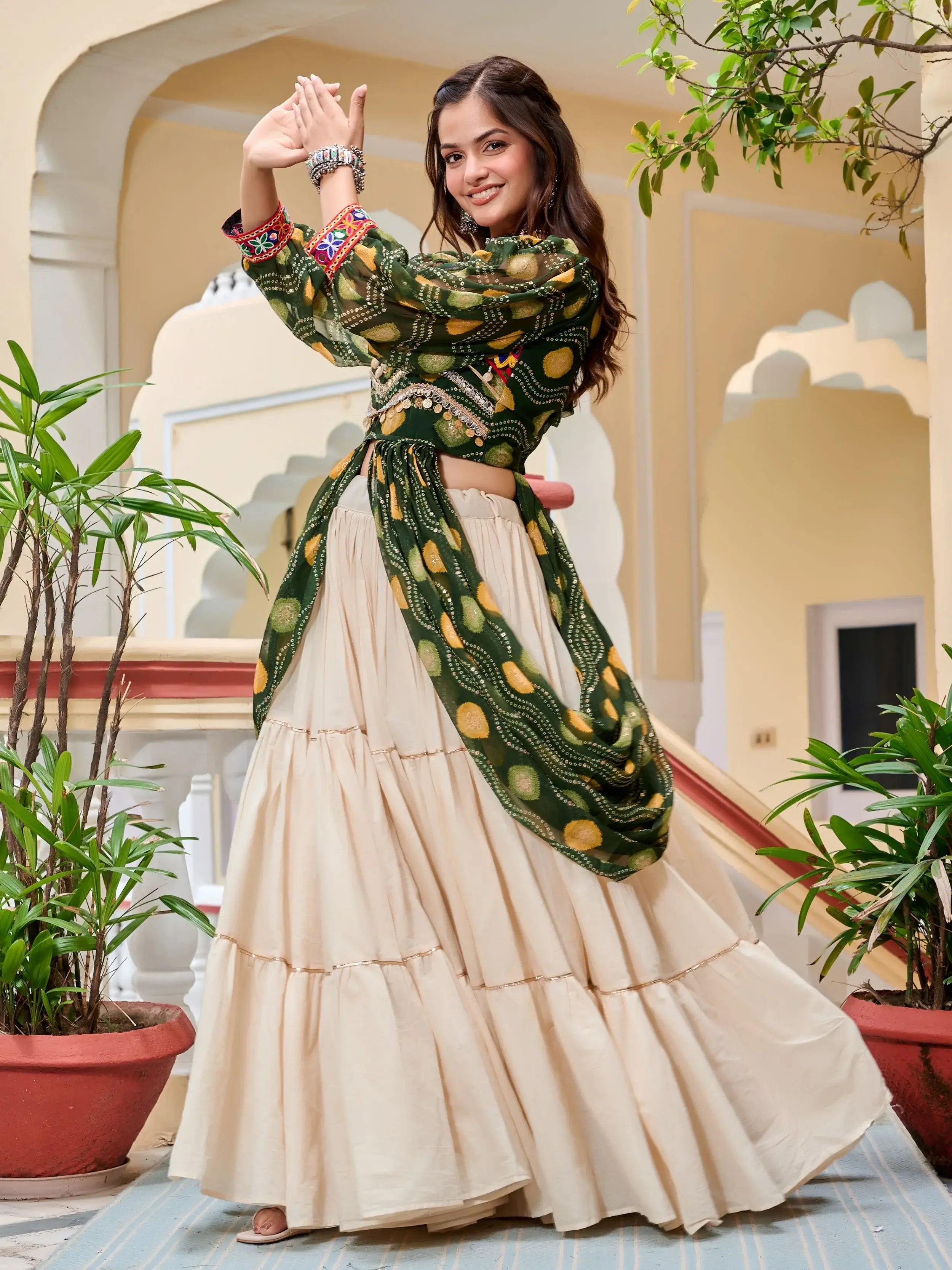 Green Cotton Gamthi Mirror and Ribbon Lace Work Lehenga Shrug Set