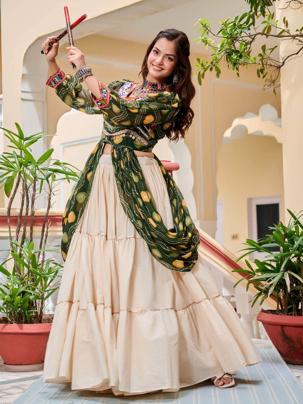 Green Cotton Gamthi Mirror and Ribbon Lace Work Lehenga Shrug Set