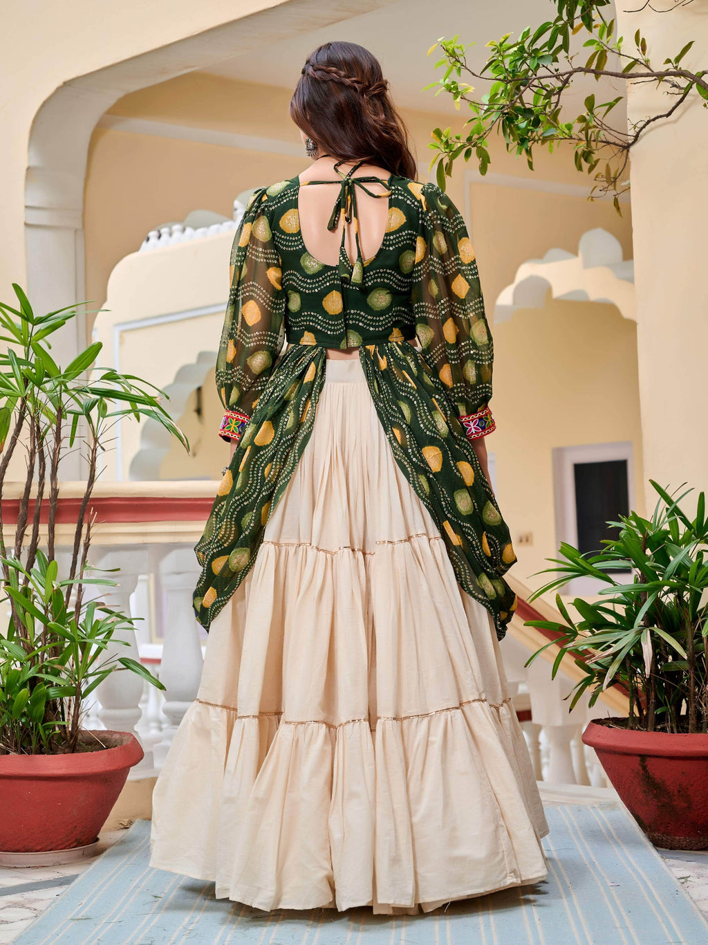 Green Cotton Gamthi Mirror and Ribbon Lace Work Lehenga Shrug Set