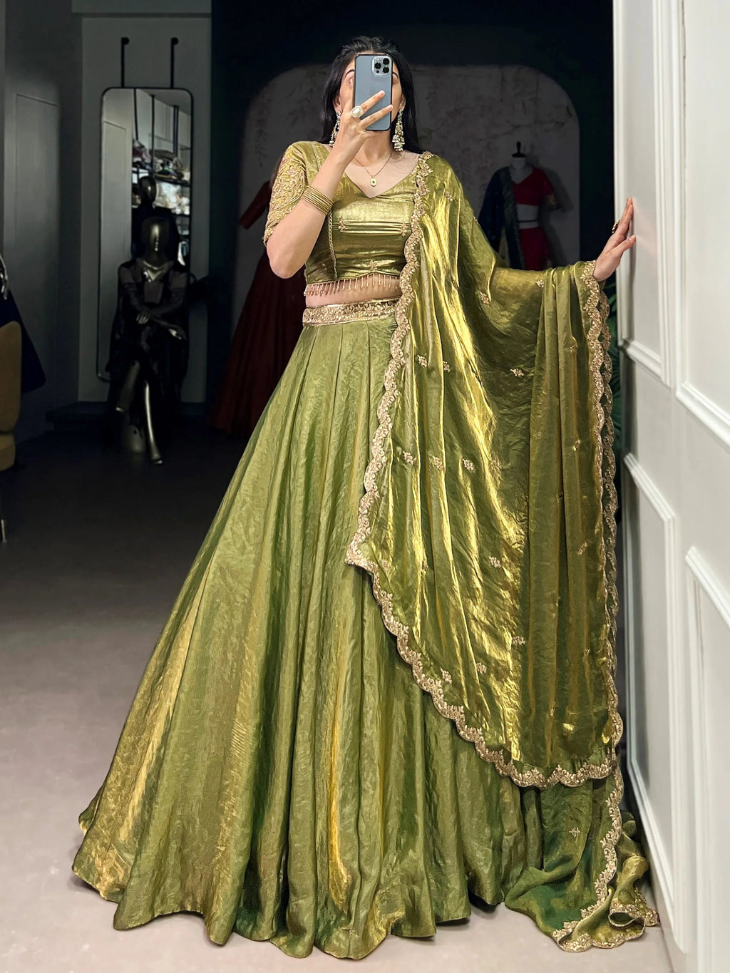 Green fendi embroidered lehenga choli with sequins thread work dupatta