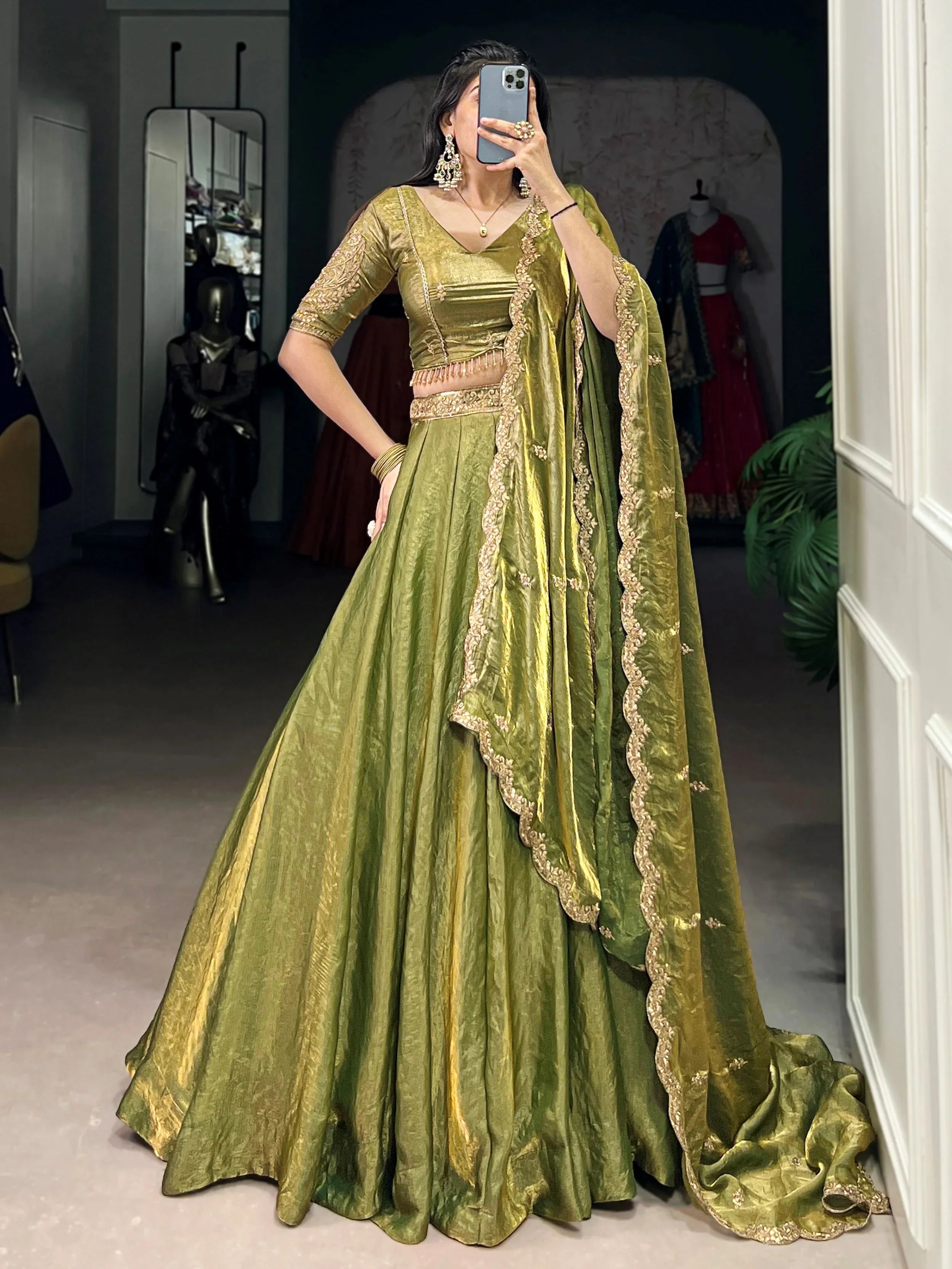 Green fendi embroidered lehenga choli with sequins thread work dupatta