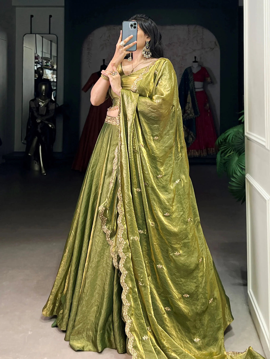 Green fendi embroidered lehenga choli with sequins thread work dupatta